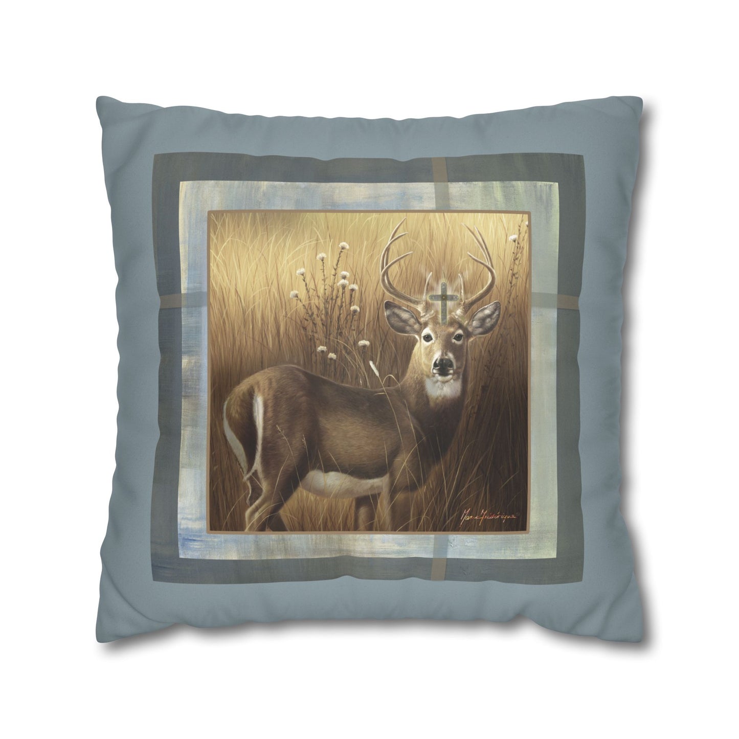 Christian Stag, Deer Faux Suede Pillowcase — Rustic Wildlife by artist Marie Frederique
