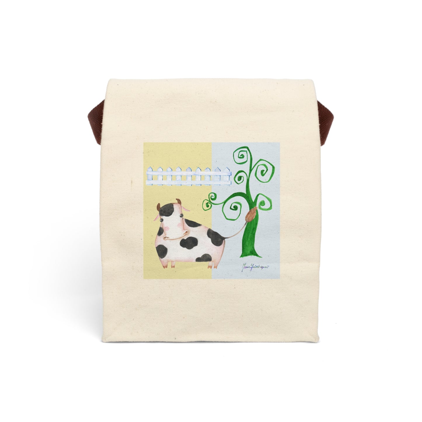 Cow in a field - Canvas Lunch Bag With Strap by Artist Marie Frederique