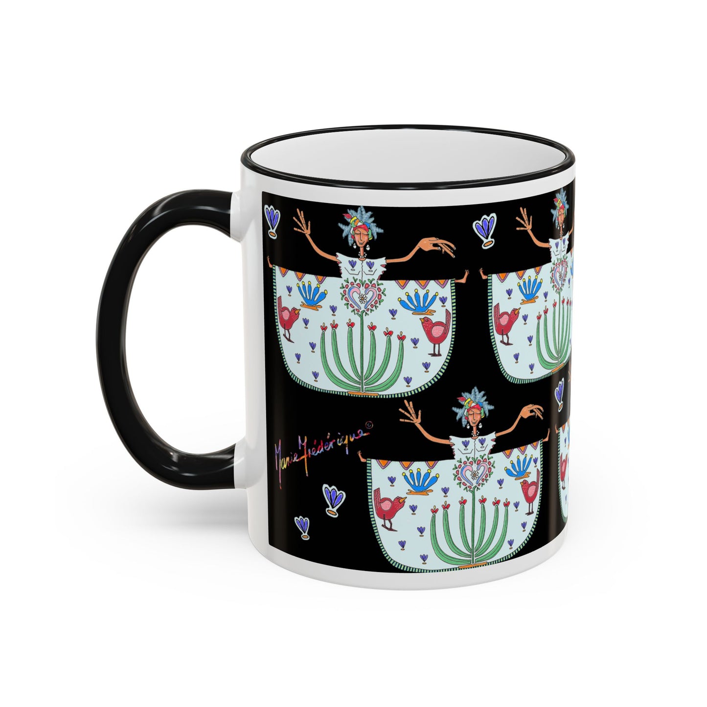 Chic Floral Folk Art Accent Rim Mug — Hand-Painted Teacup Pattern (11oz/15oz)