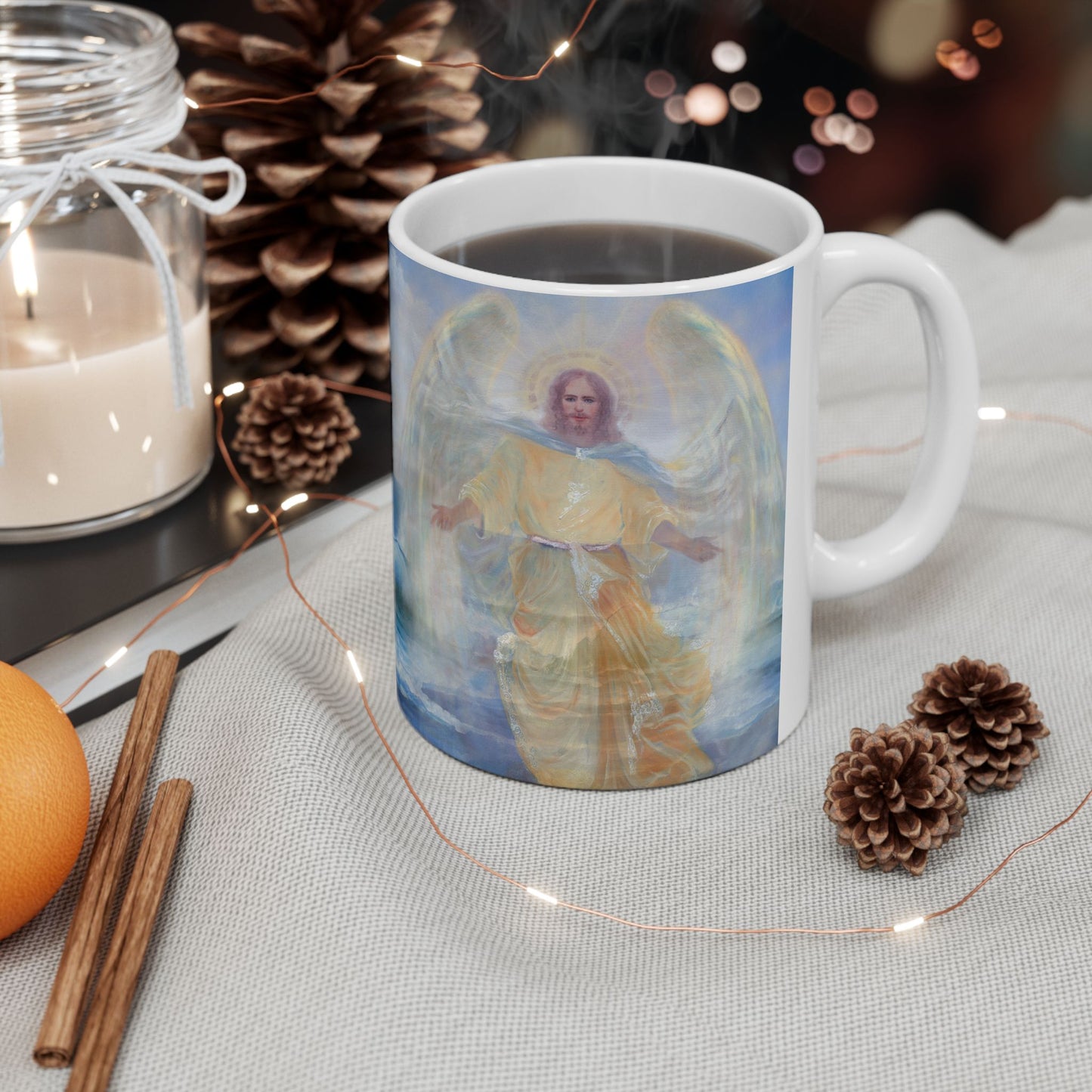 Jesus walks on water ocean art print in blues and yellows Ceramic Mug, 11oz by Artist Marie Frederique