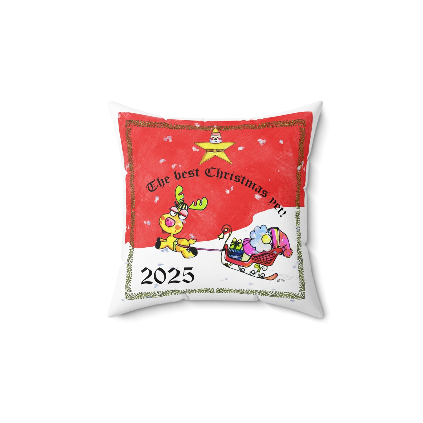 Christmas Pillow - The Best Christmas yet! 2025 + Happy Holiday Whimsical Character Wreath by artist Marie Frederique