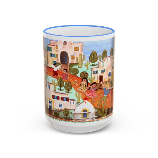 Colorful Fiesta Village Scene Accent Rim Mug — Whimsical Community Art Coffee Cup (11oz/15oz) by artist Marie Frederique
