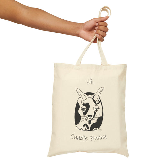 Bunny lovers - Hi! Cuddle Bunny. Whimsical drawing of a black & white bunny, Cotton Canvas Tote Bag by artist Marie Frederique