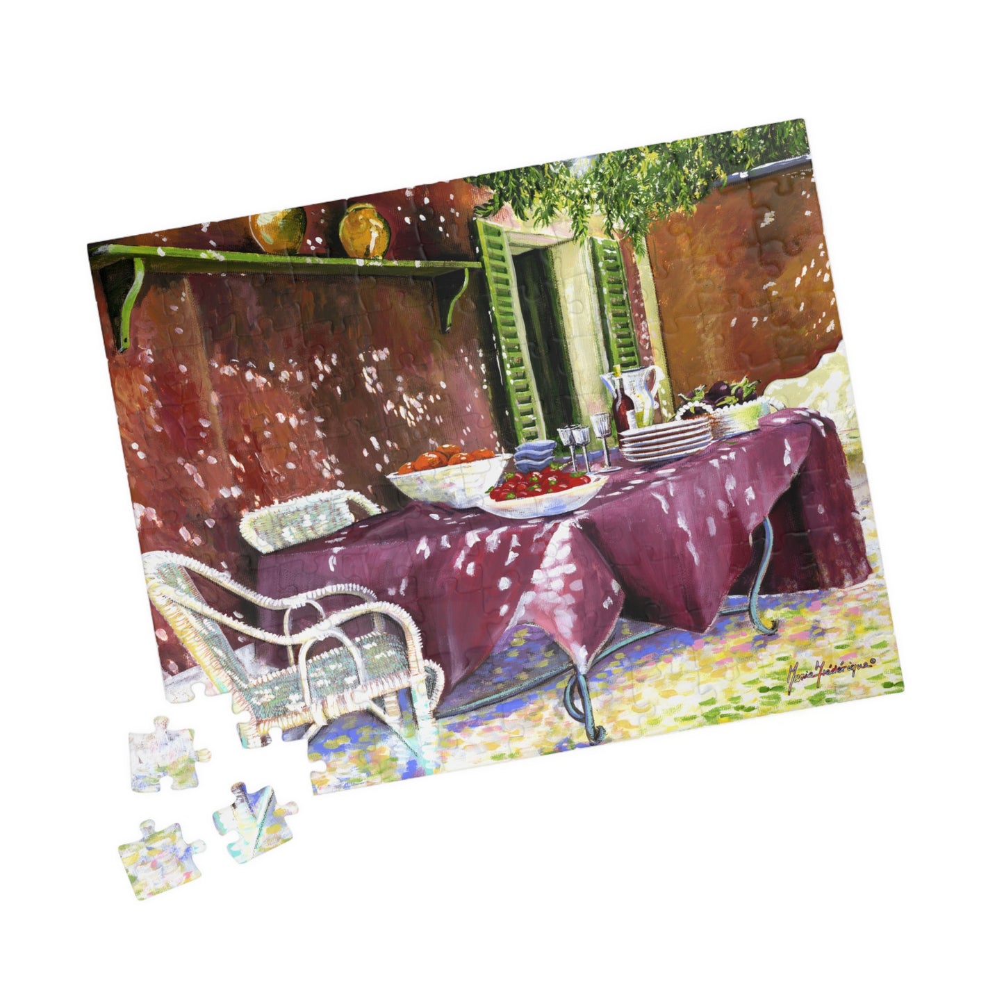 My happy place - summer patio table set for guests, Puzzle (110, 252, 520-piece) by Artist Marie Frederique