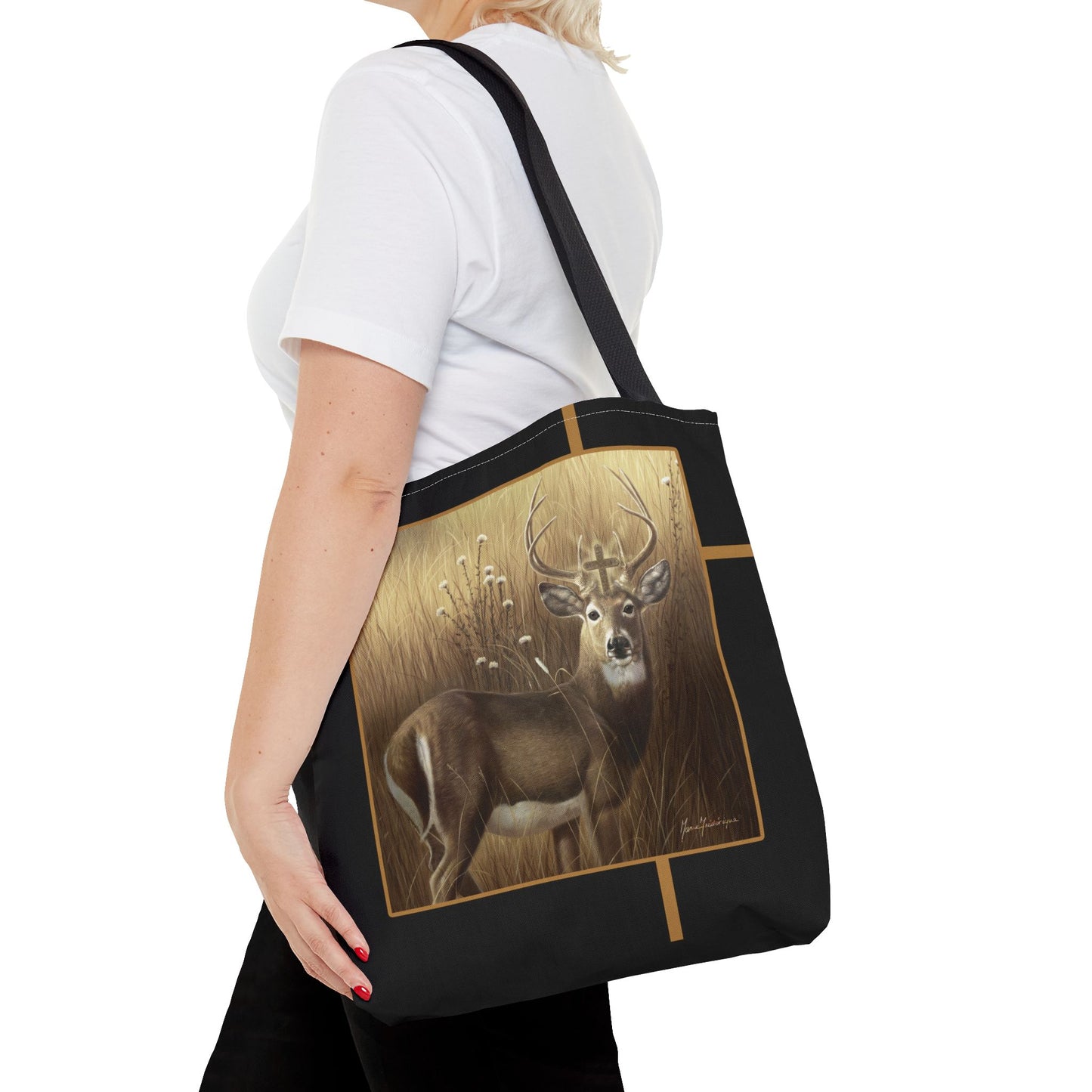 Deer Buck Tote Bag – Golden Meadow Wildlife Art Tote by artist Marie Frederique