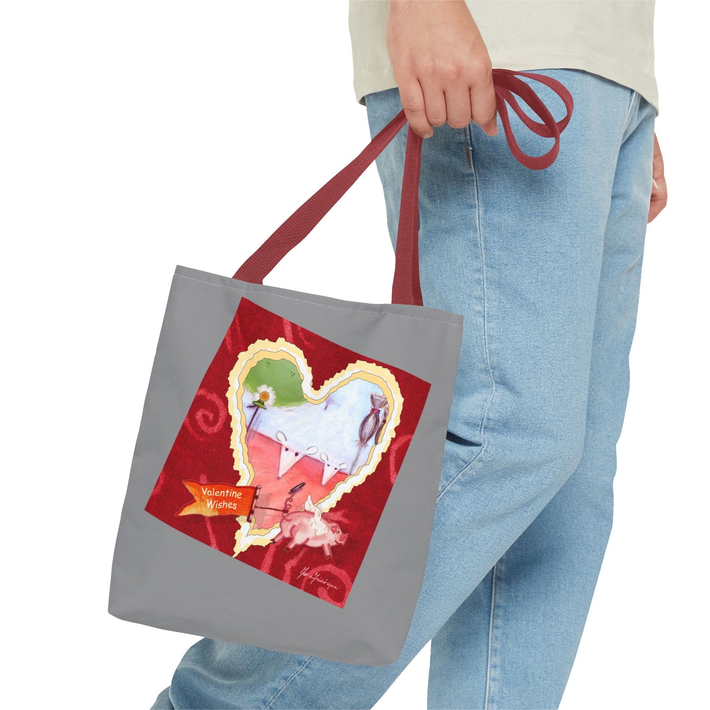 Valentine Tote Bag, Love is in the air - grey and red (2 different images on one bag) by artist Marie Frederique