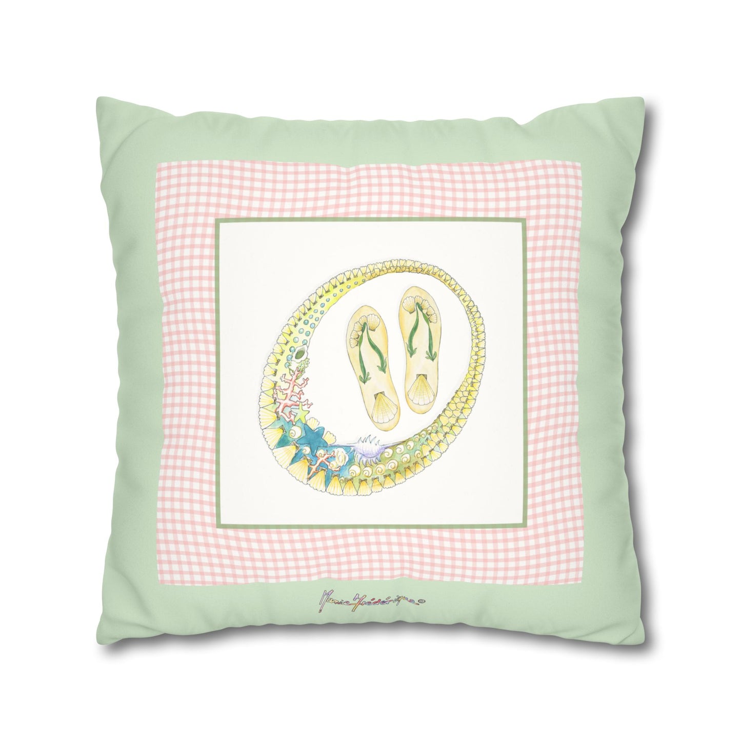 Pastel Vacation necklace and flip flops Faux Suede Pillow Cover by artist Marie Frederique