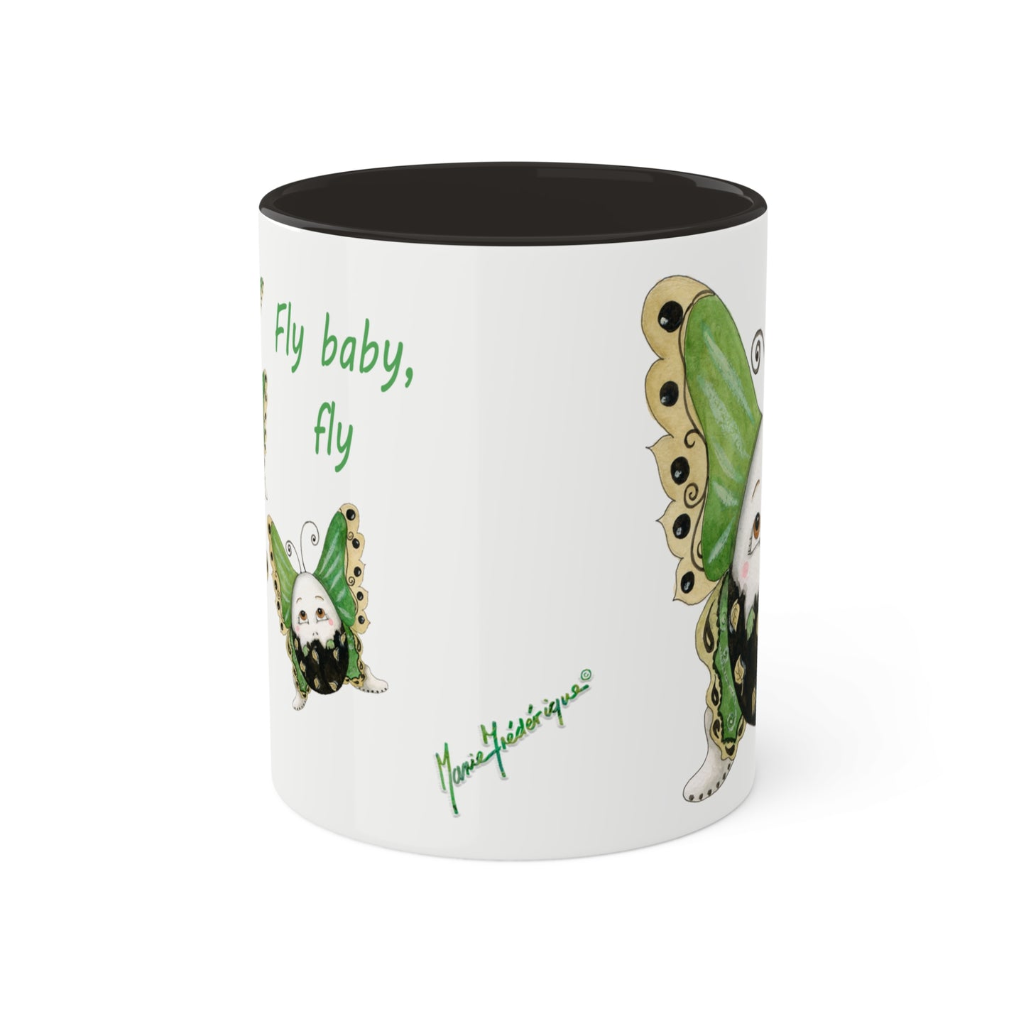 Whimsical Egg Butterfly 2 "Fly, baby fly", Colorful Mugs in black, red and green, 11oz by Artist Marie Frederique