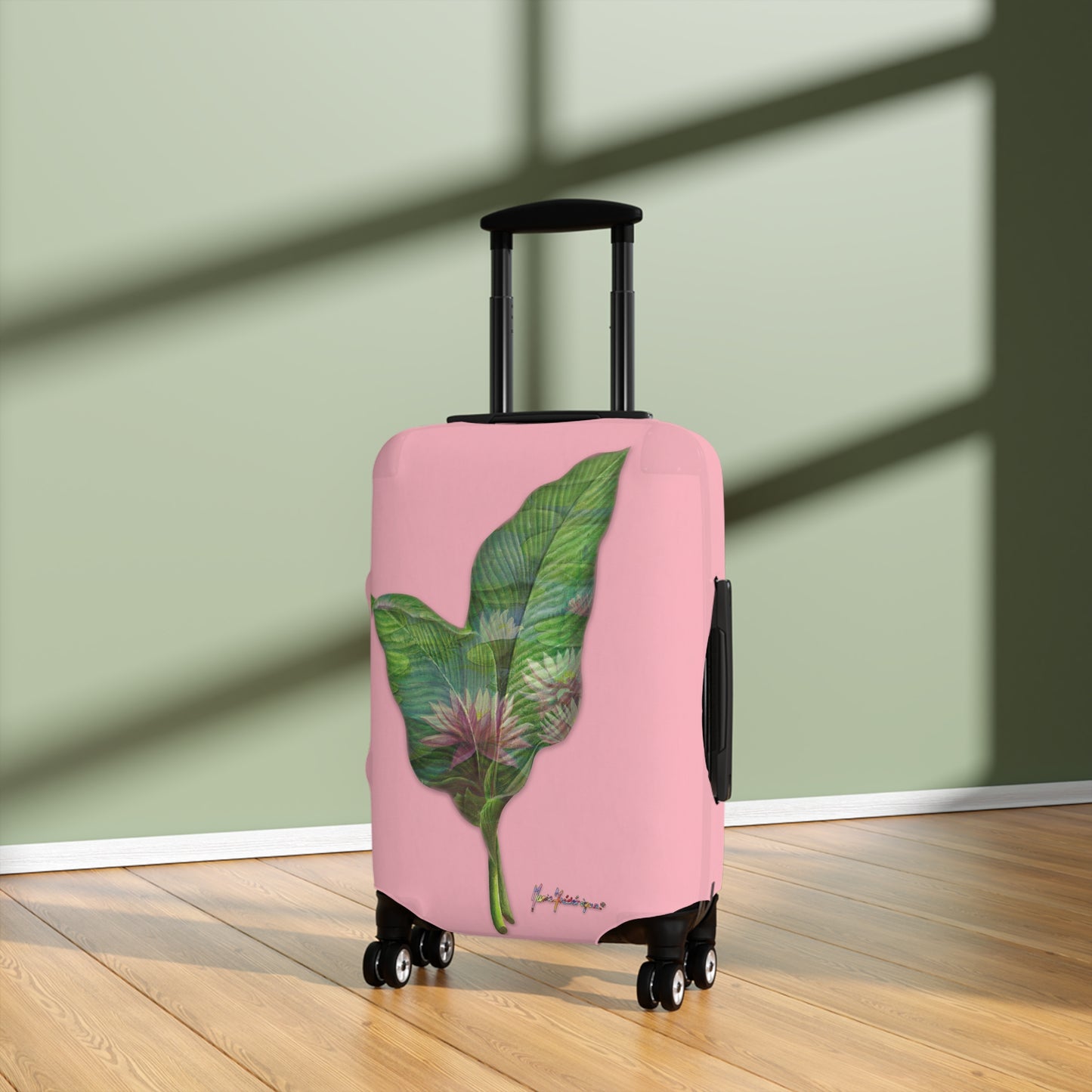 Luggage Cover, Pink lotus flower on pink background by artist Marie Frederique