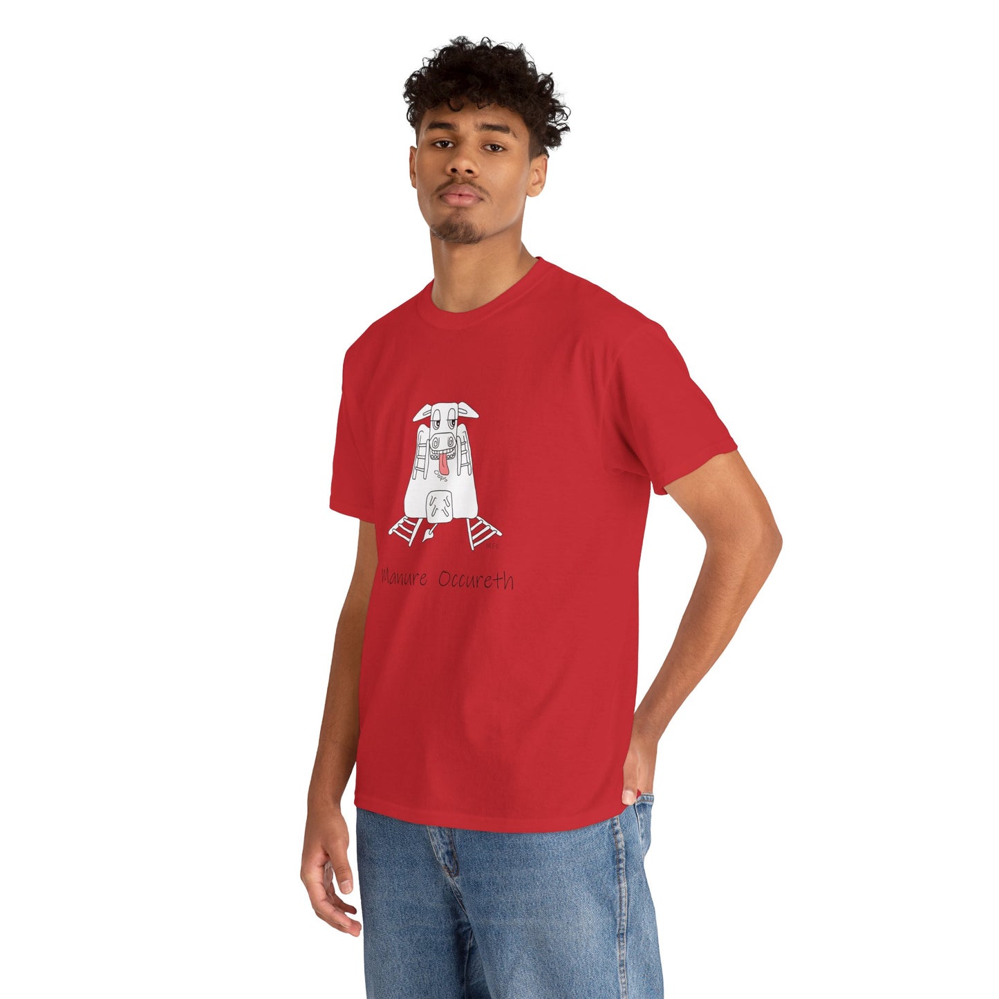 Quirky 'Manure Occureth' Heavy cotton Tee Design by artist Marie Frederique
