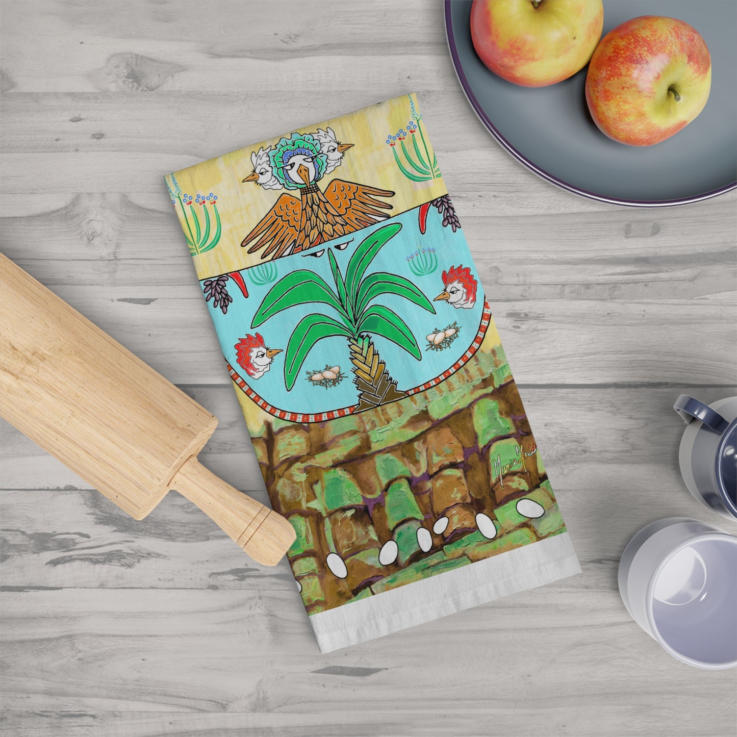 Island Dancing Chicken Tea Towel — Bananas and Chickens Kitchen Towel by artist Marie Frederique
