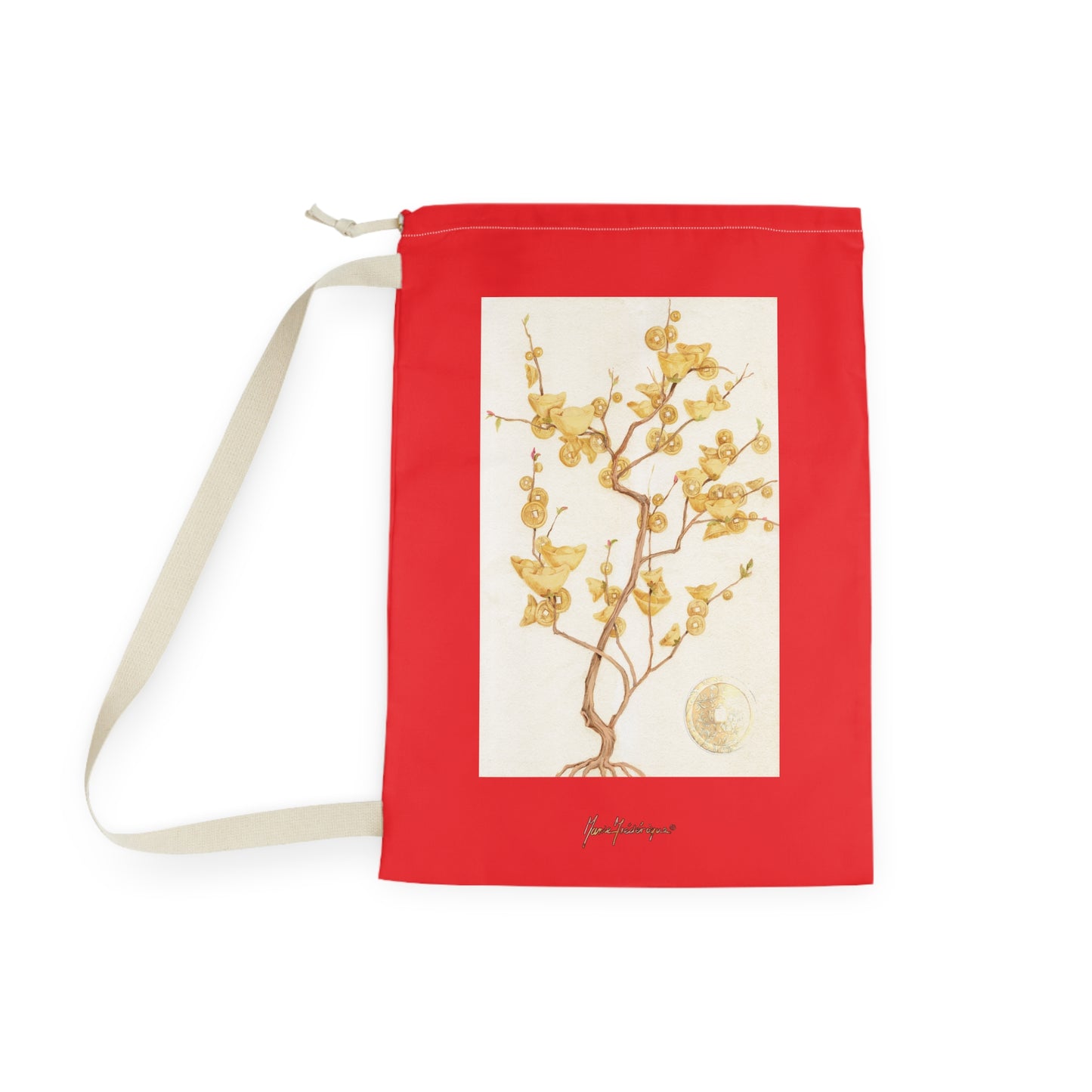 Floral Golden Money Tree Laundry Bag — Drawstring Laundry Sack by artist Marie Frederique