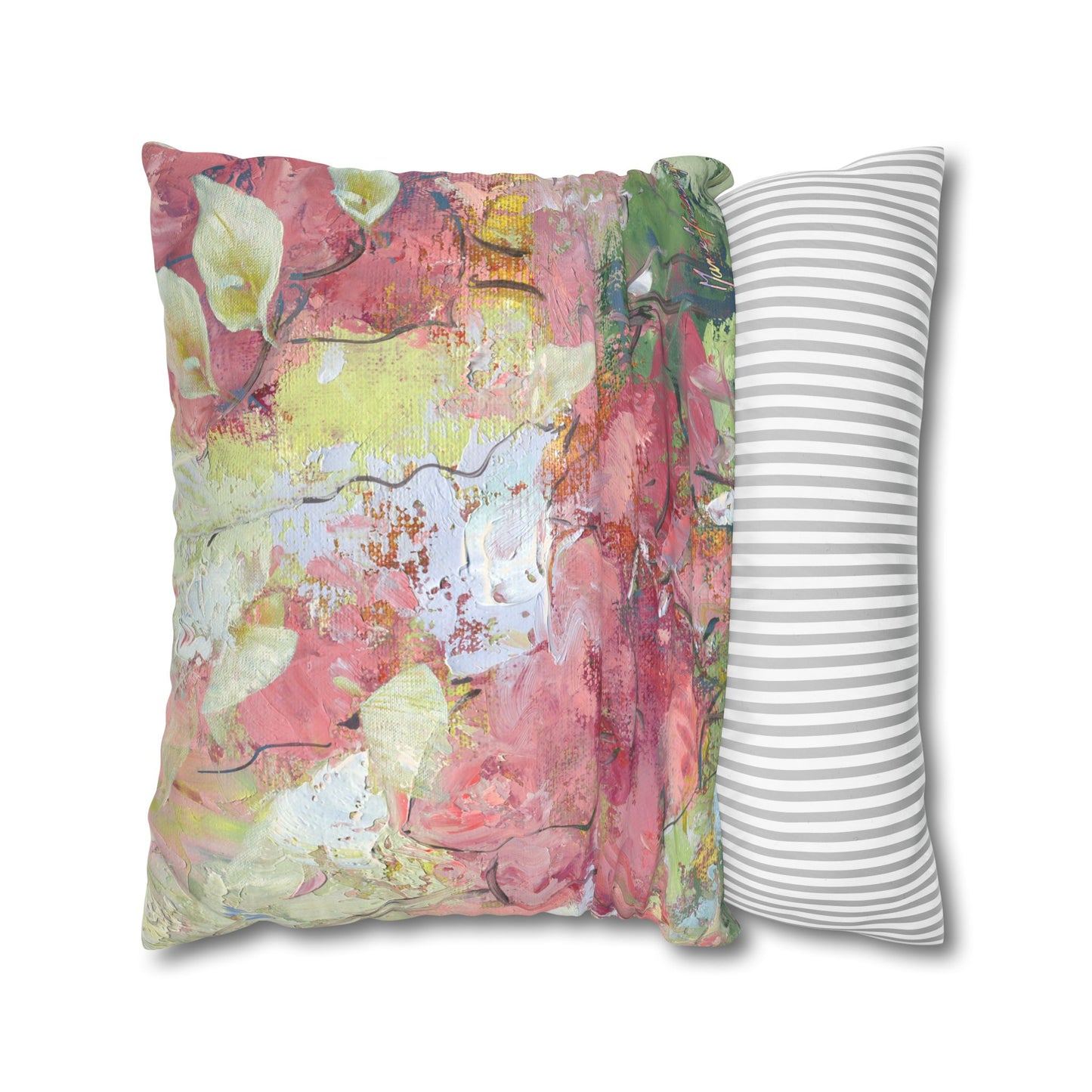 Floral Abstract Faux Suede Pillowcase – Pink Watercolor Square Throw Pillow Cover by artist Marie Frederique