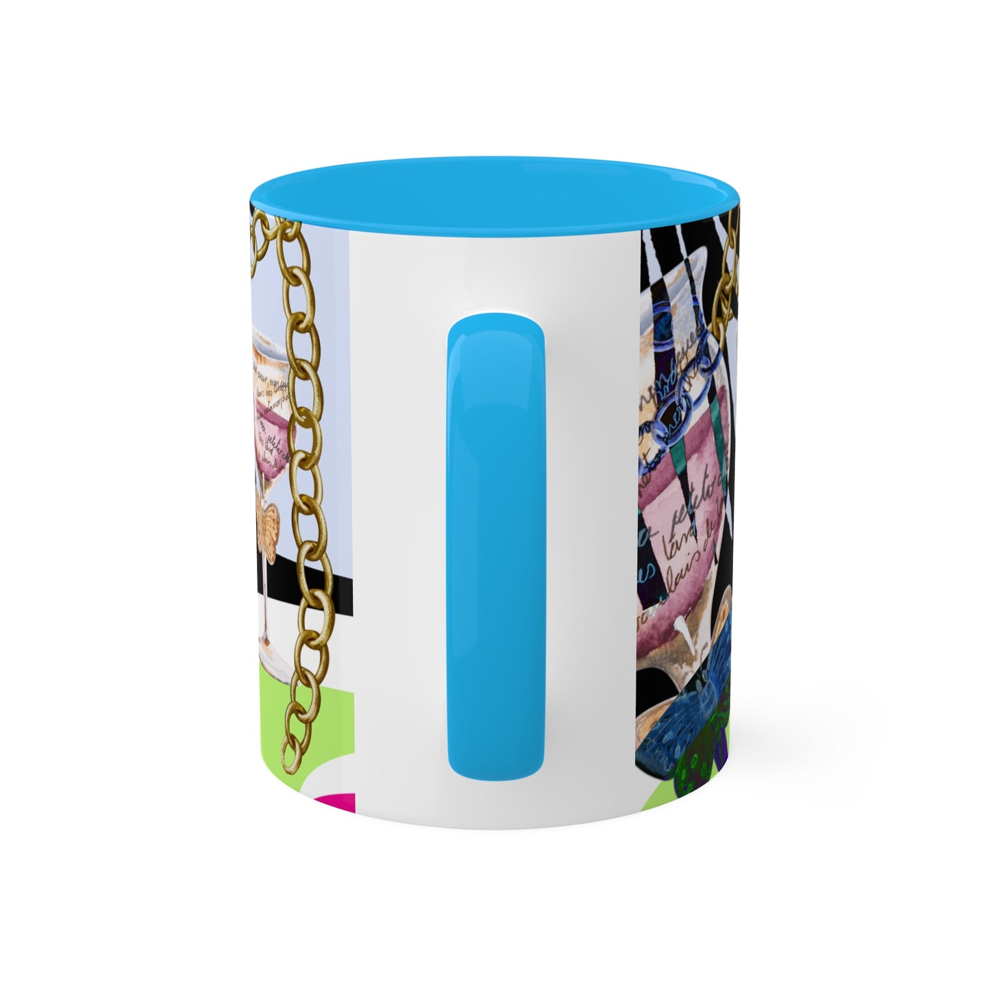 Haute Couture Colorful Mug in 4 color options of Black, Light Green, Light Blue and Pink 11oz By Artist Marie Frederique