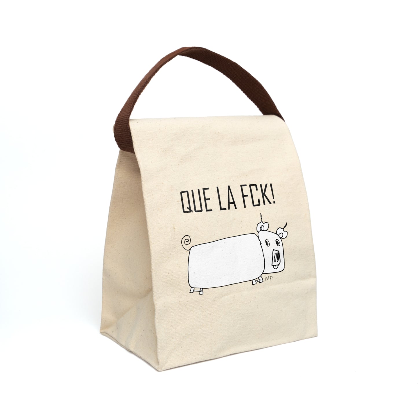 QUE LA FCK! Mr Pig seems surprised - Canvas Lunch Bag With Strap by artist Marie Frederique