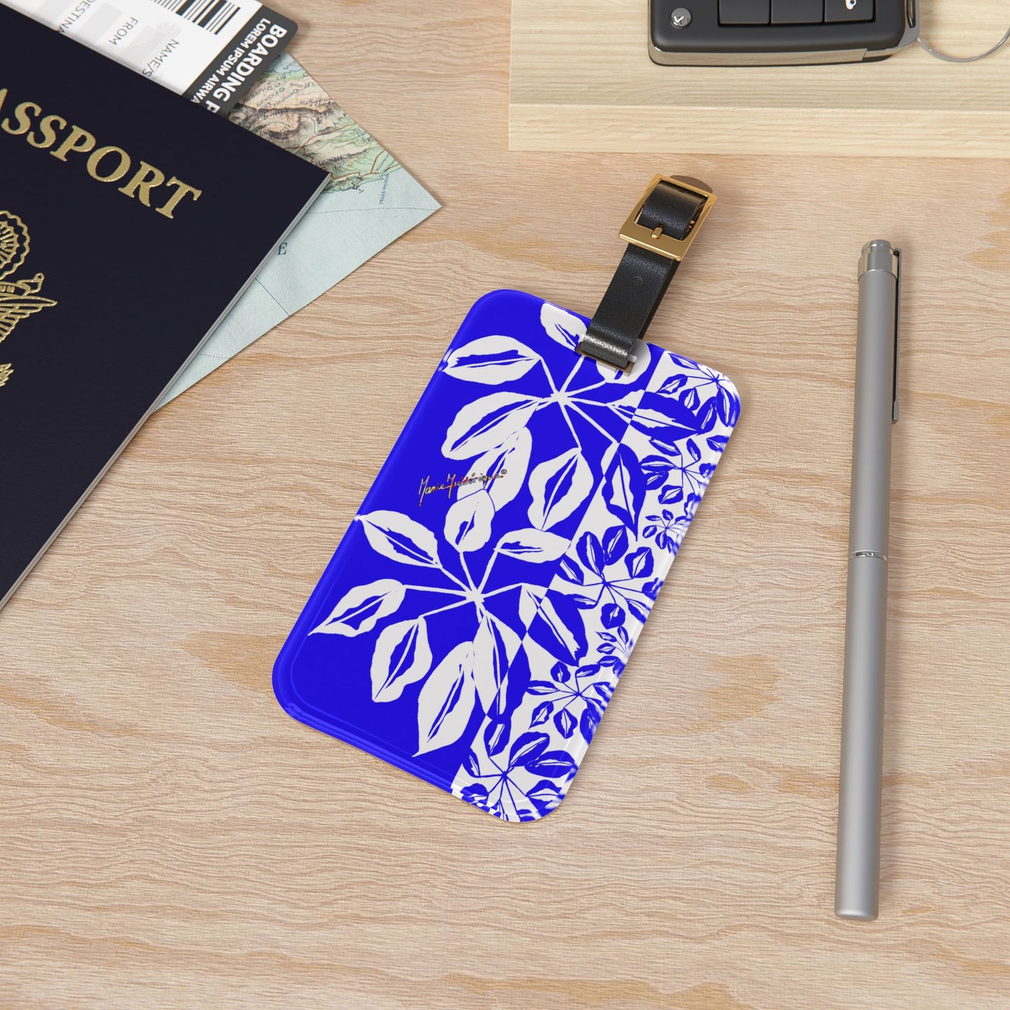 Luggage Tag with leather strap, Tropical Leaves Blue and White by artist Marie Frederique