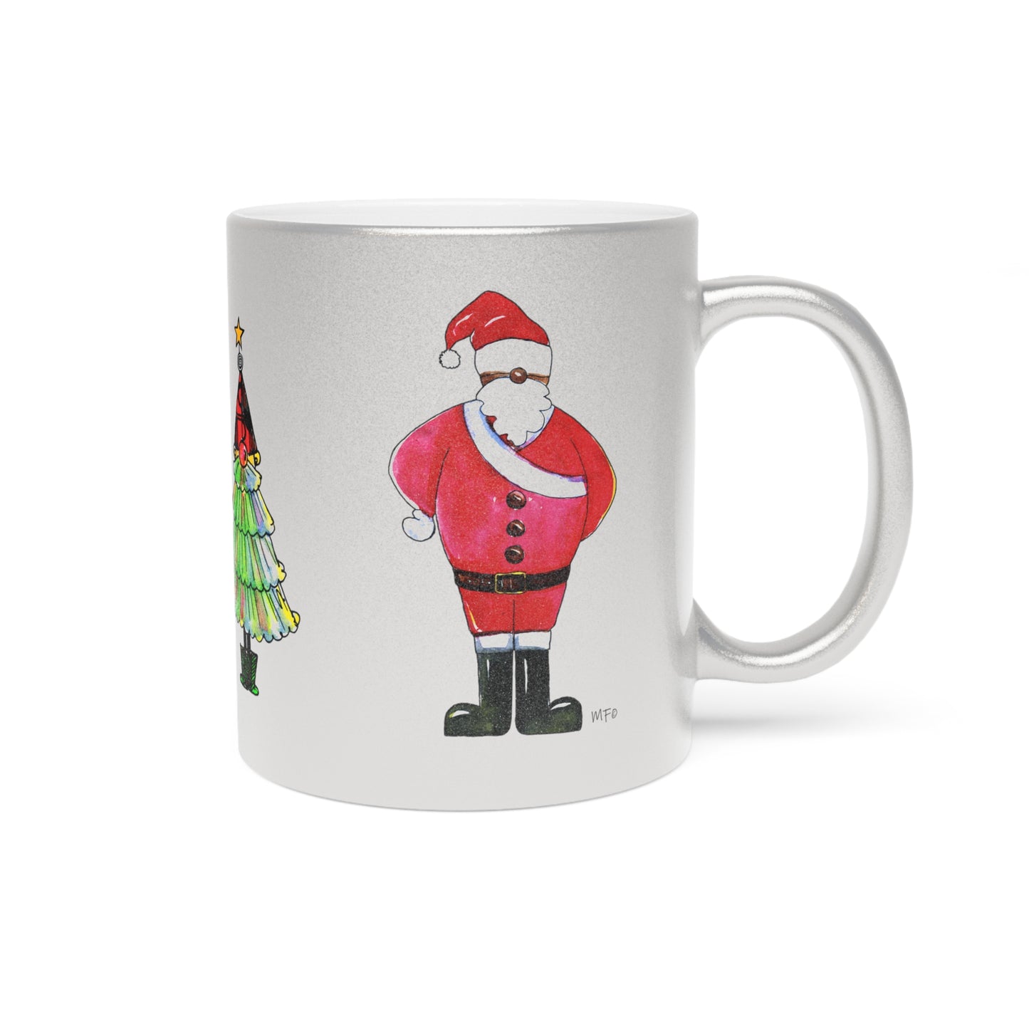 Christmas Metallic Mug (Silver) Santa and trees by artist Marie Frederique