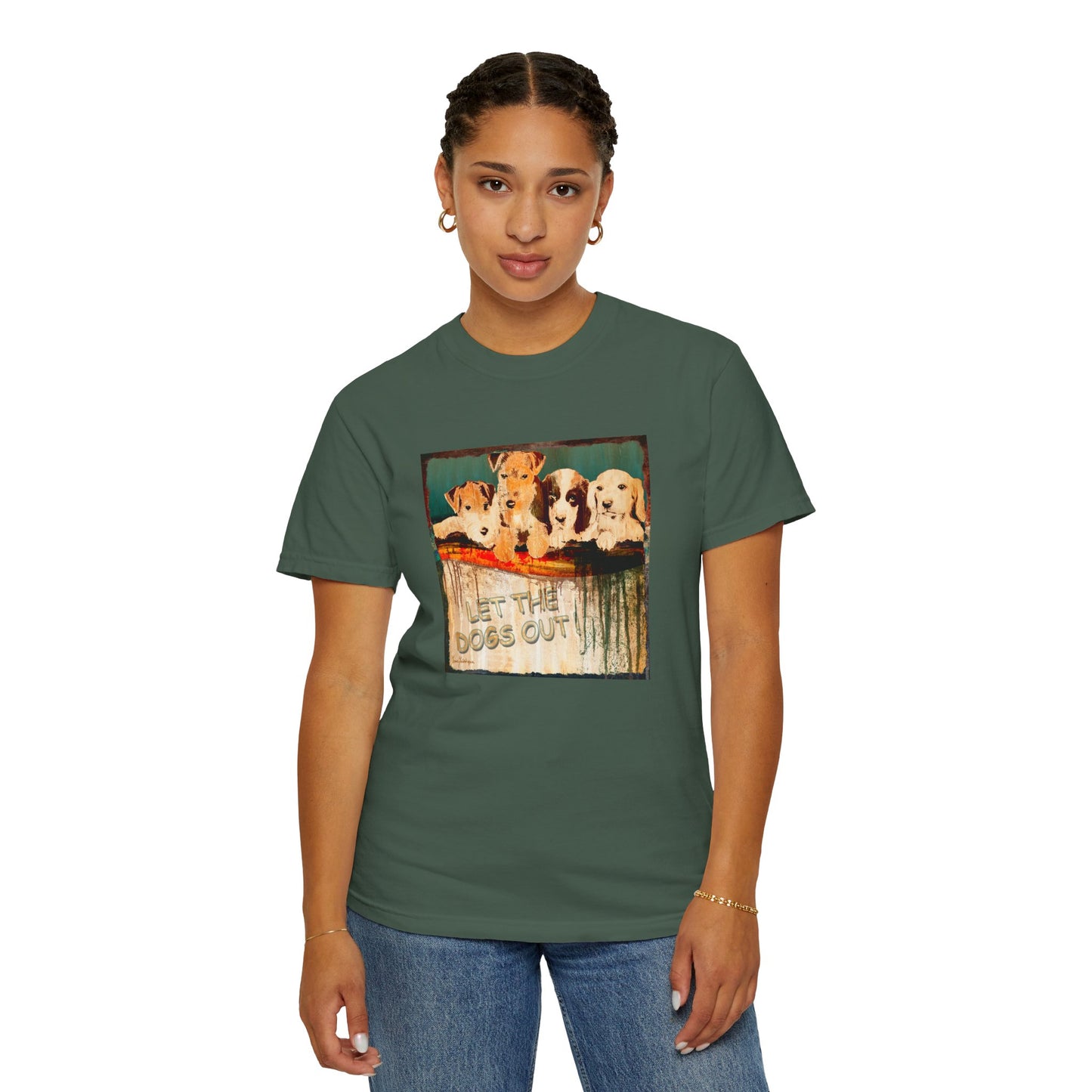 'Let the Dogs Out' Unisex T-Shirt - Fun Retro Pet Lover Tee by artist Marie Frederique