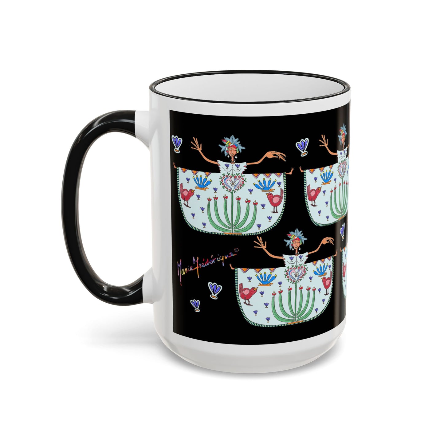 Chic Floral Folk Art Accent Rim Mug — Hand-Painted Teacup Pattern (11oz/15oz)