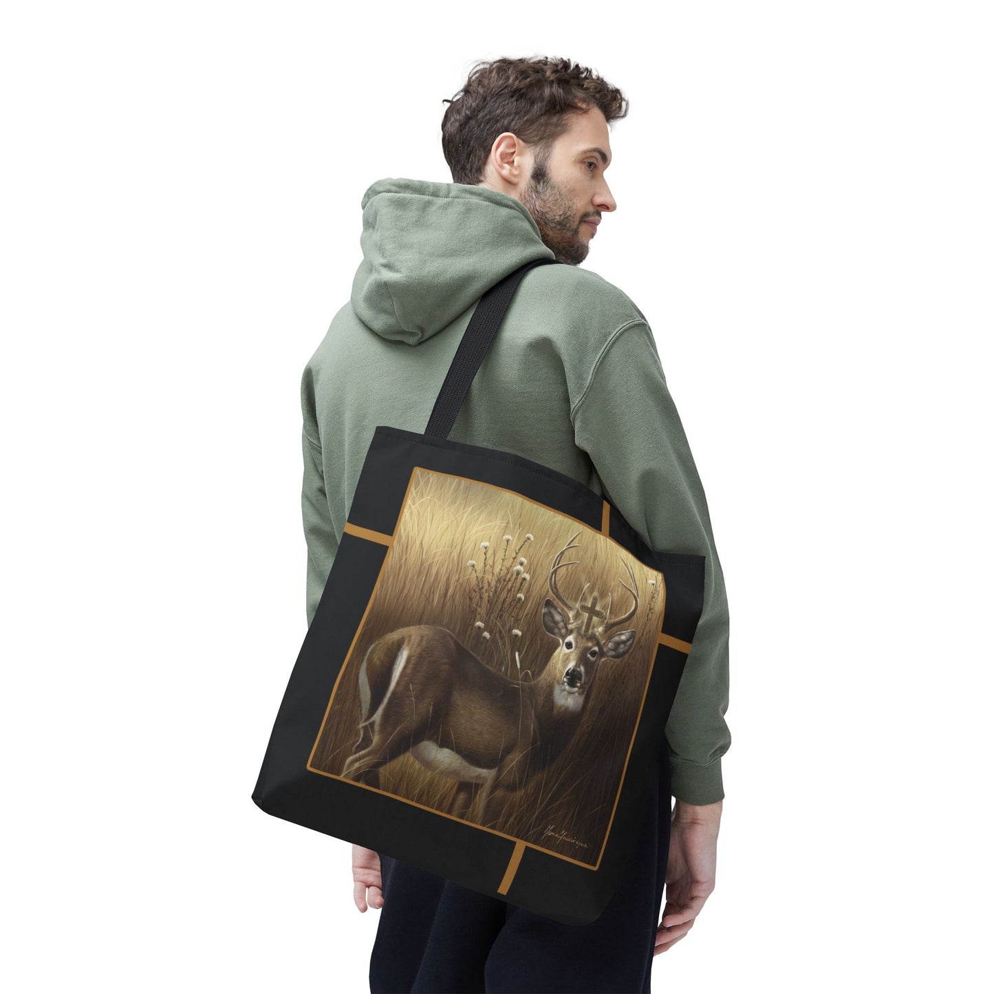 Deer Buck Tote Bag – Golden Meadow Wildlife Art Tote by artist Marie Frederique