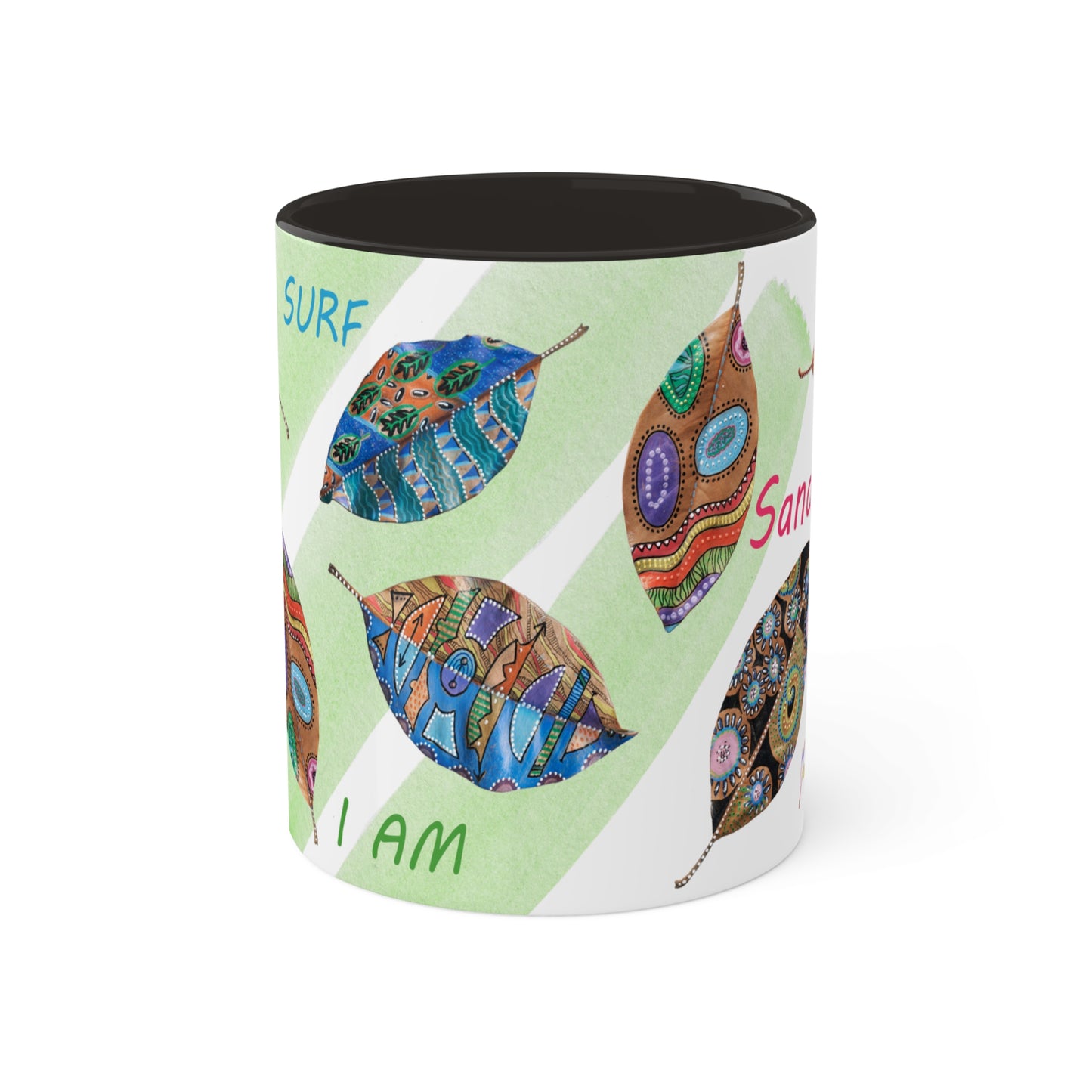 I AM Surf, Sand and Sun multicolored painted leaves series - Colorful Mug in 4 options, Red, Black, Yellow, and Cambridge Blue 11oz By Artist Marie Frederique