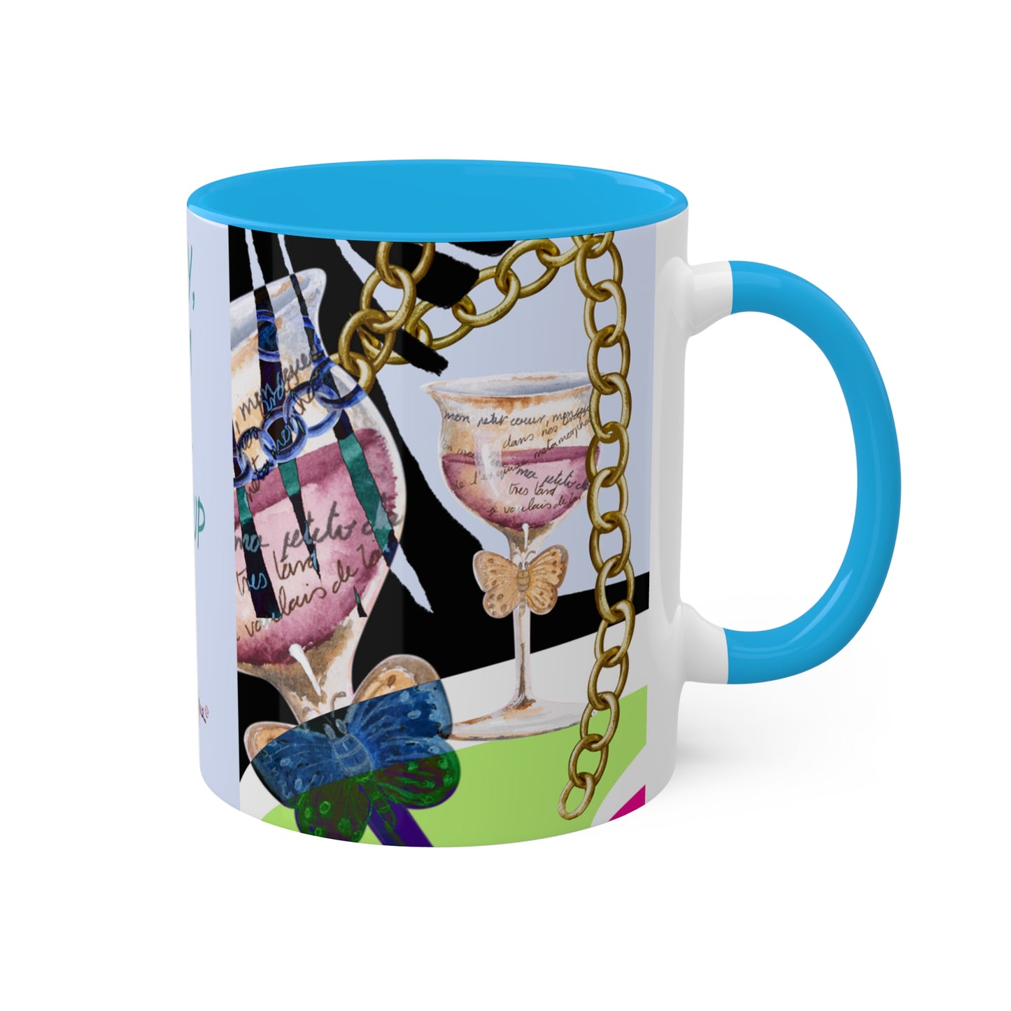 Haute Couture Colorful Mug in 4 color options of Black, Light Green, Light Blue and Pink 11oz By Artist Marie Frederique