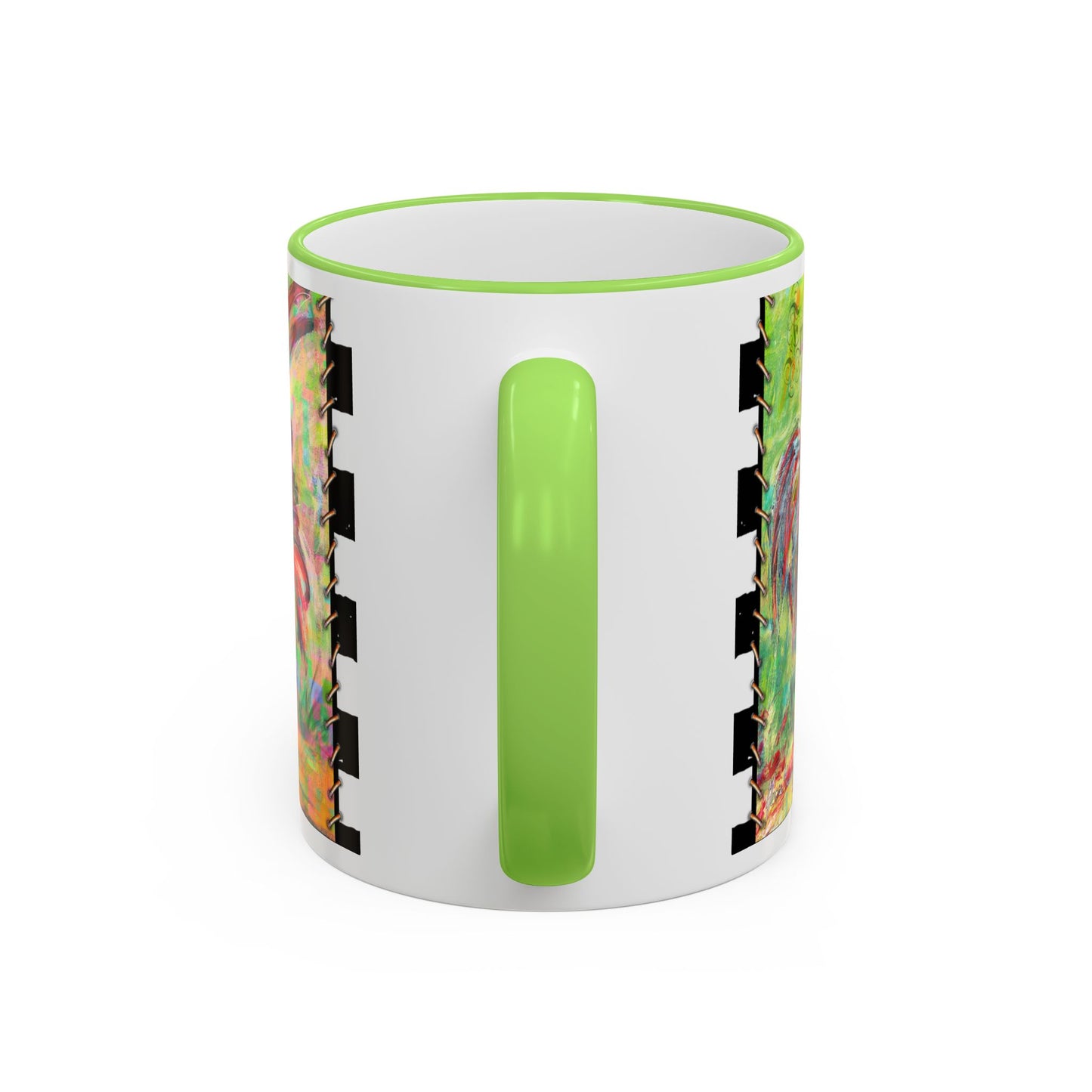 Checkerboard Scruffy & Freckles Rooster Accent Rim Mug – Colorful Farmhouse Coffee Cup (11oz & 15oz) by artist Marie Frederique