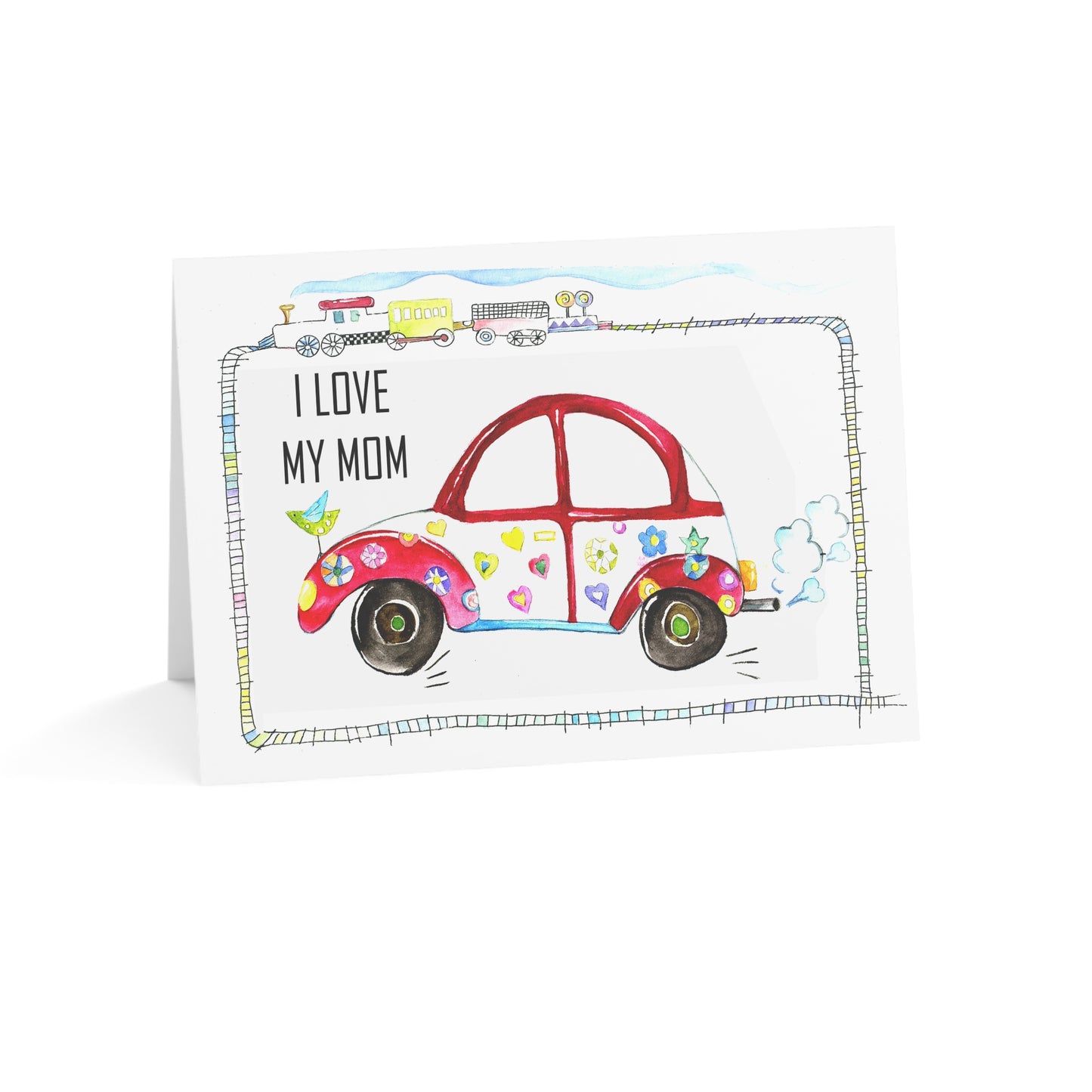 Mother's Day - I LOVE MY MOM, Red Beetle Car and train track Greeting Card for boys by Artist Marie Frederique