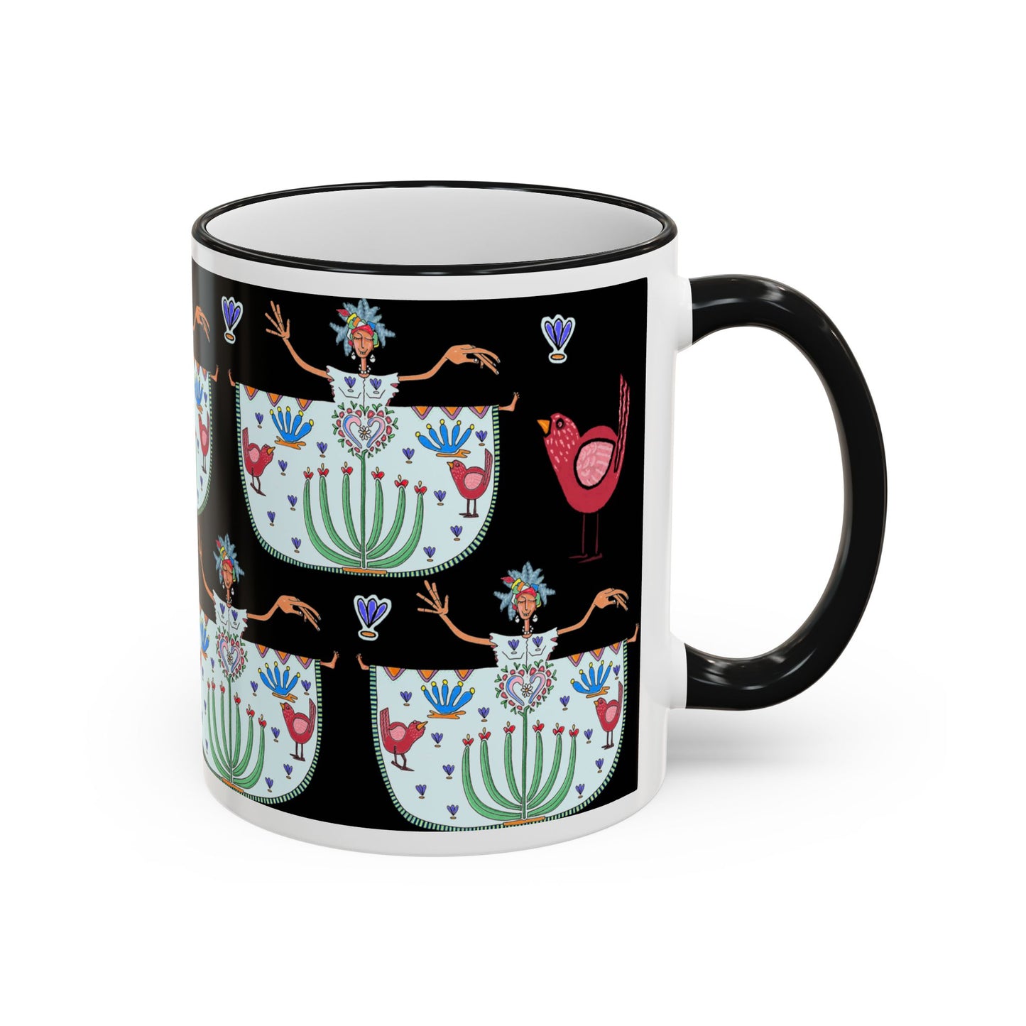 Chic Floral Folk Art Accent Rim Mug — Hand-Painted Teacup Pattern (11oz/15oz)