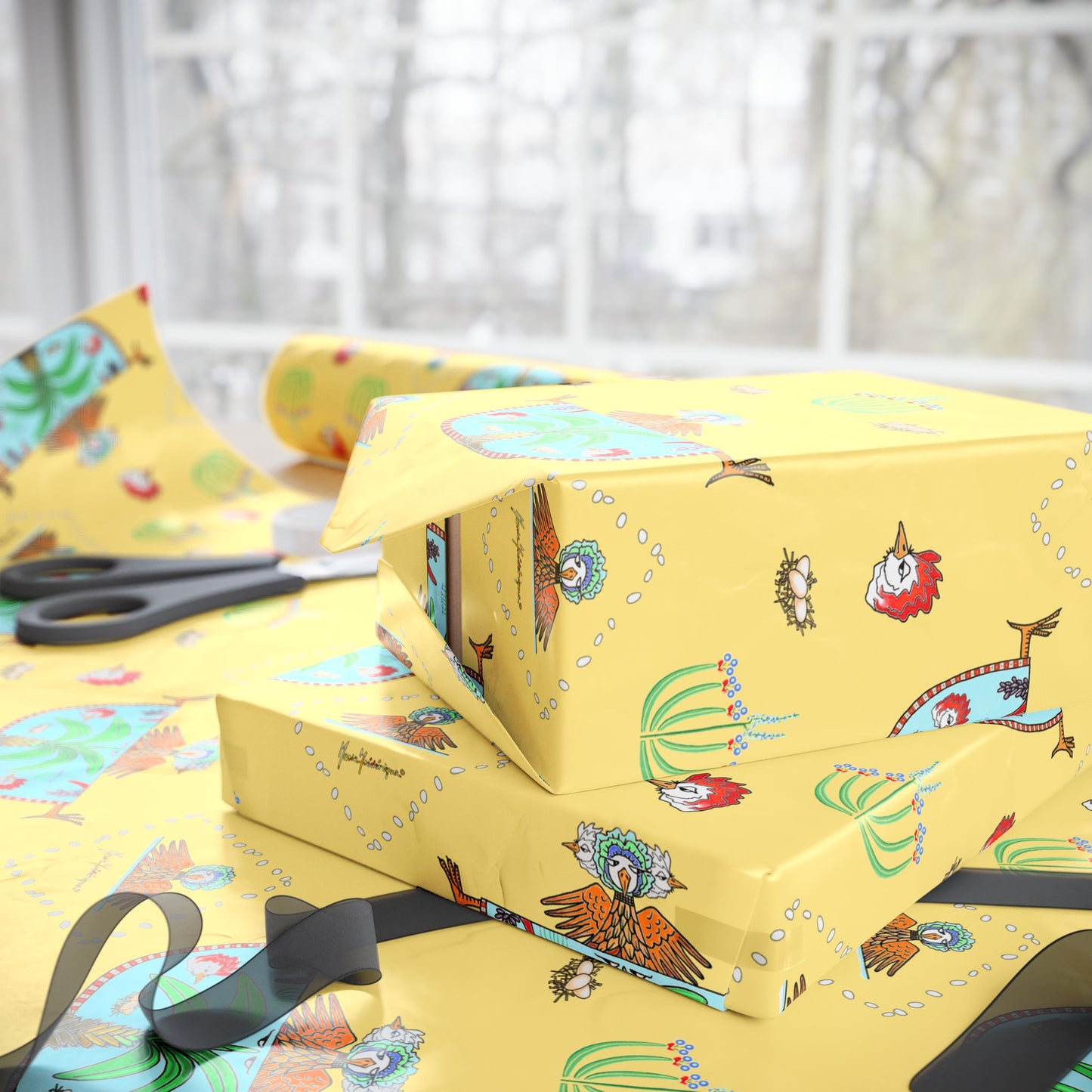 Spring Garden Chicken Wrapping Paper Roll — Yellow Floral chicken Pattern Gift Wrap by artist Marie Frederique