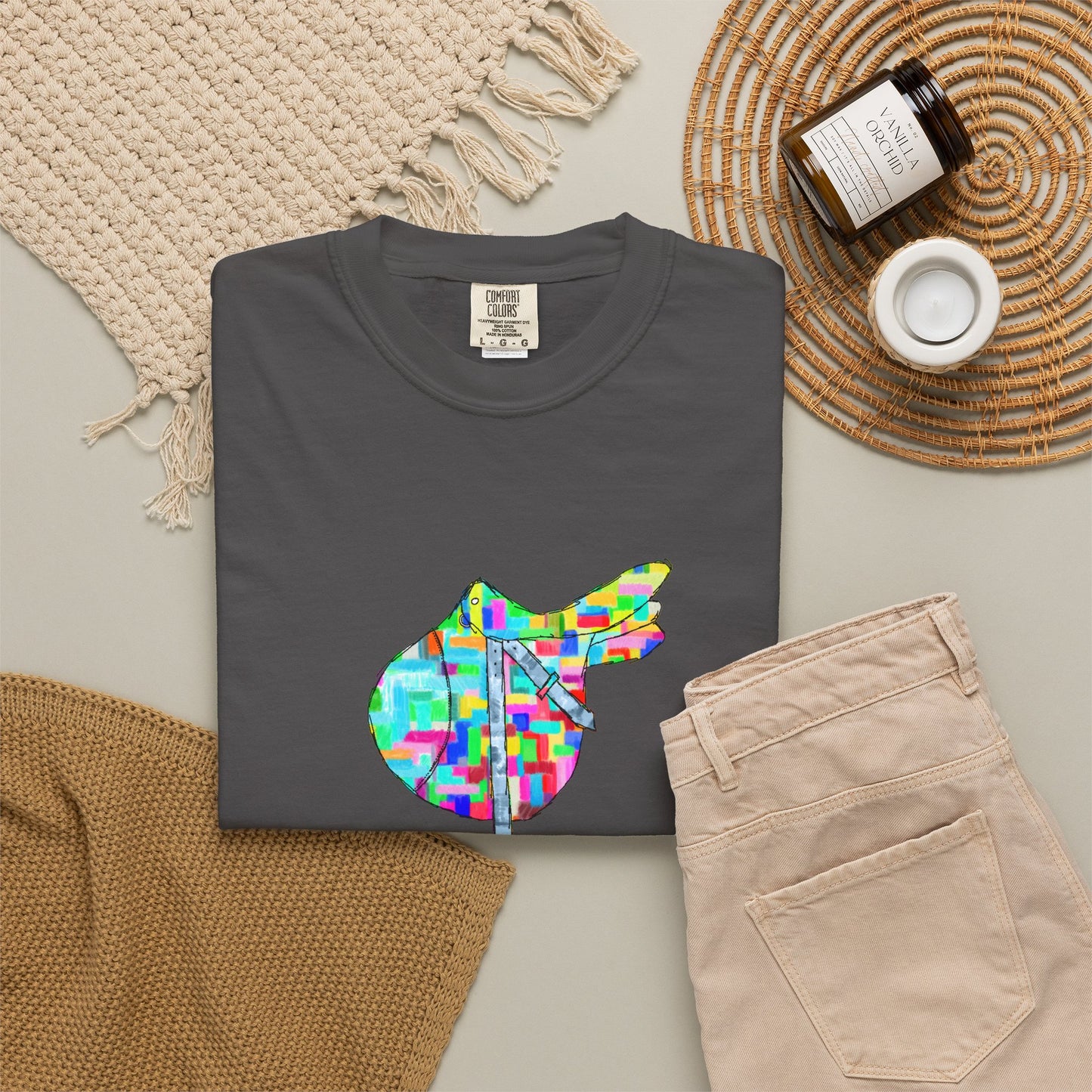 Saddle Patchwork T-Shirt — Colorful Equestrian Graphic Tee by artist Marie Frederique