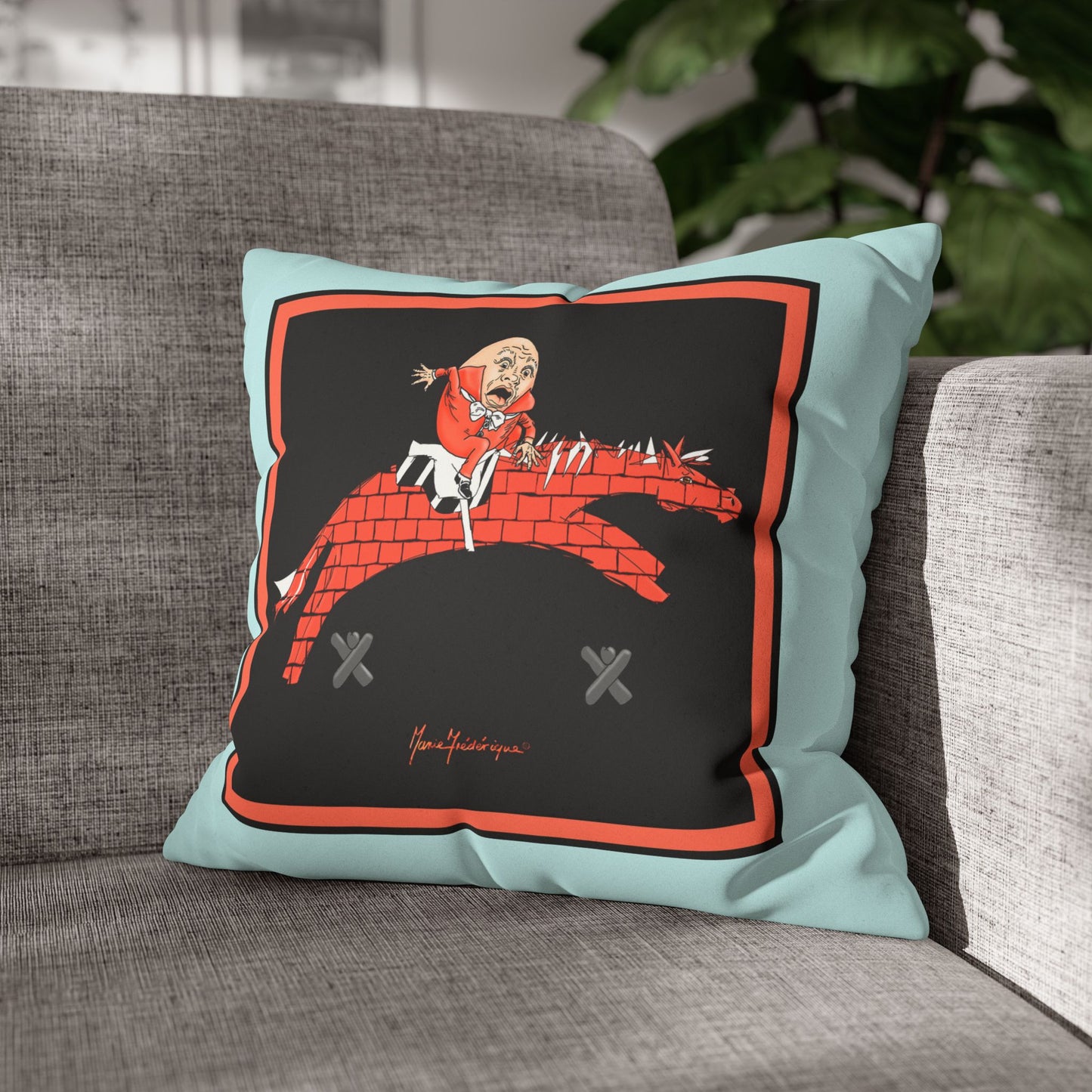 Humpty Jumpty Faux Suede Pillowcase — Retro Graphic Square Throw Pillow Cover by artist Marie Frederique