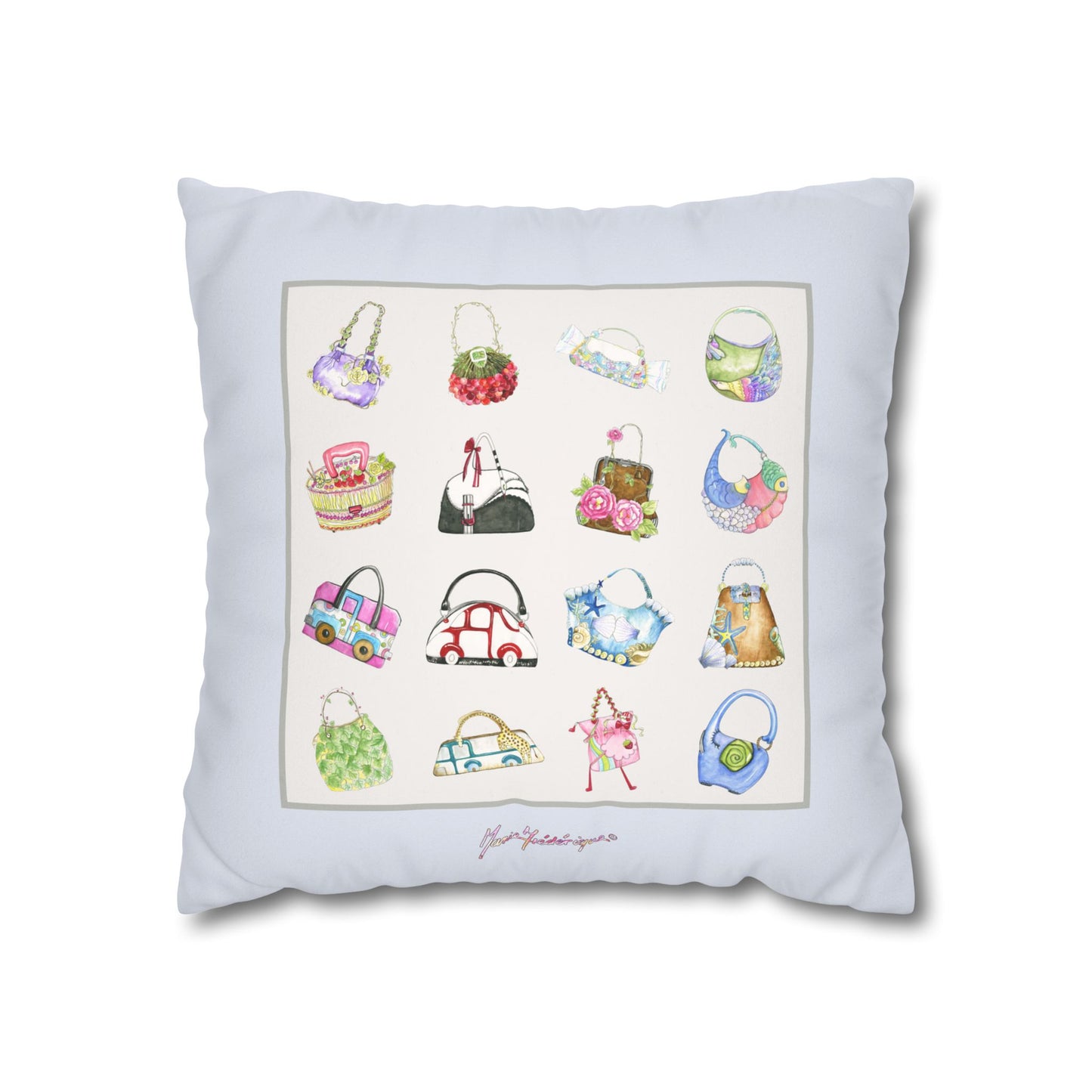 Handbag Illustration Faux Suede Pillowcase — Decorative Square Throw Pillow by artist Marie Frederique