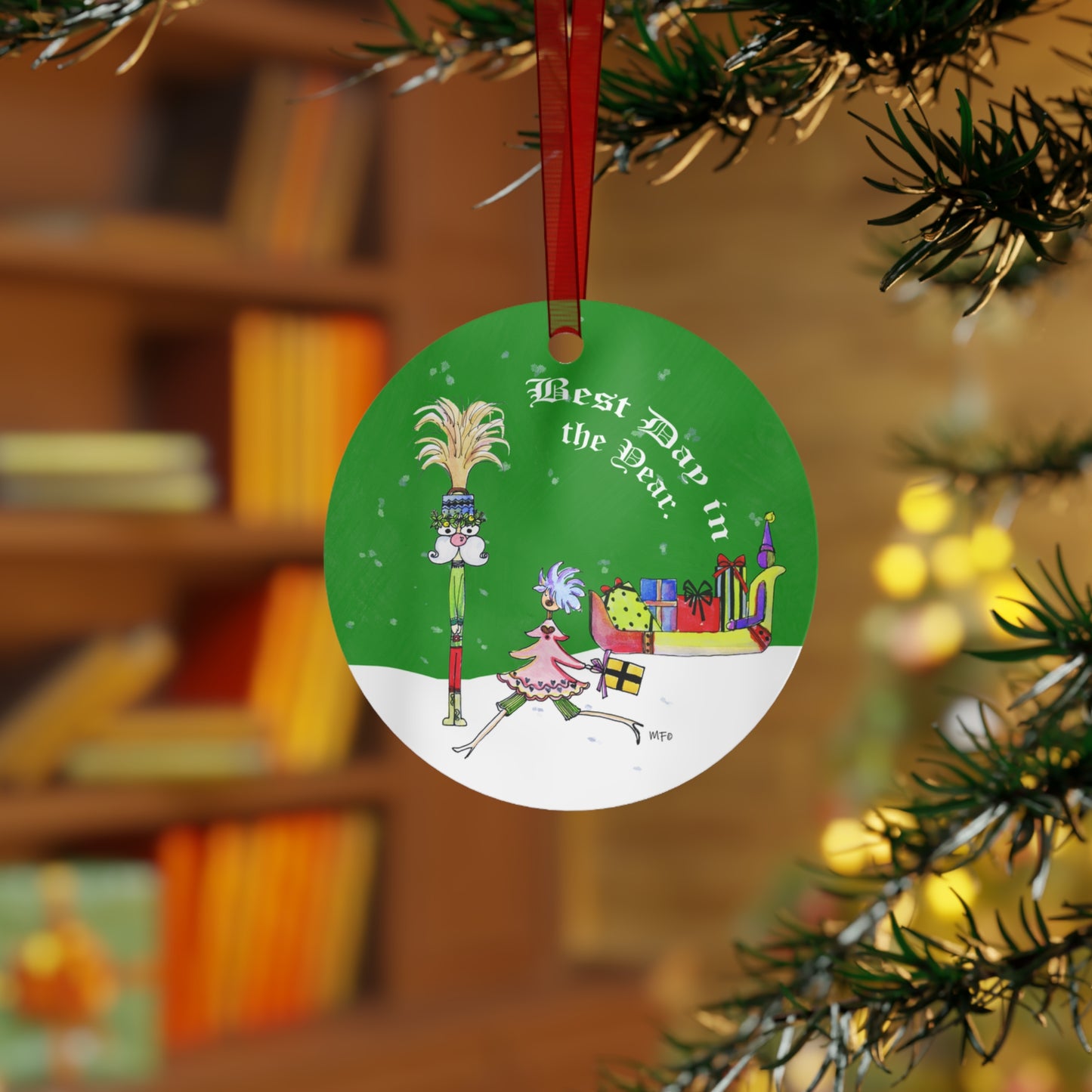 Christmas Ornament - Whimsical Christmas Character Metal Ornament, double sided by artist Marie Frederique