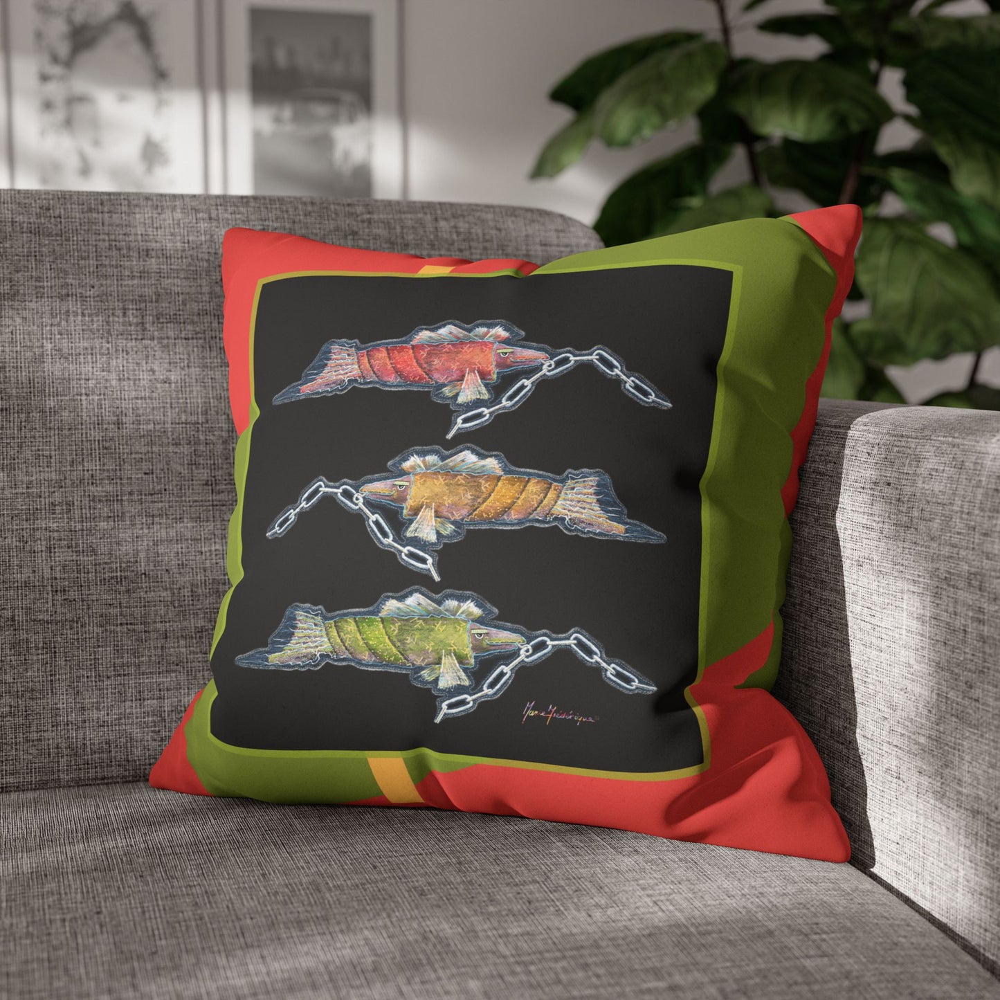 Trio Snout fish Faux Suede Pillowcase — Colorful Nautical Chain Fish by artist Marie Frederique