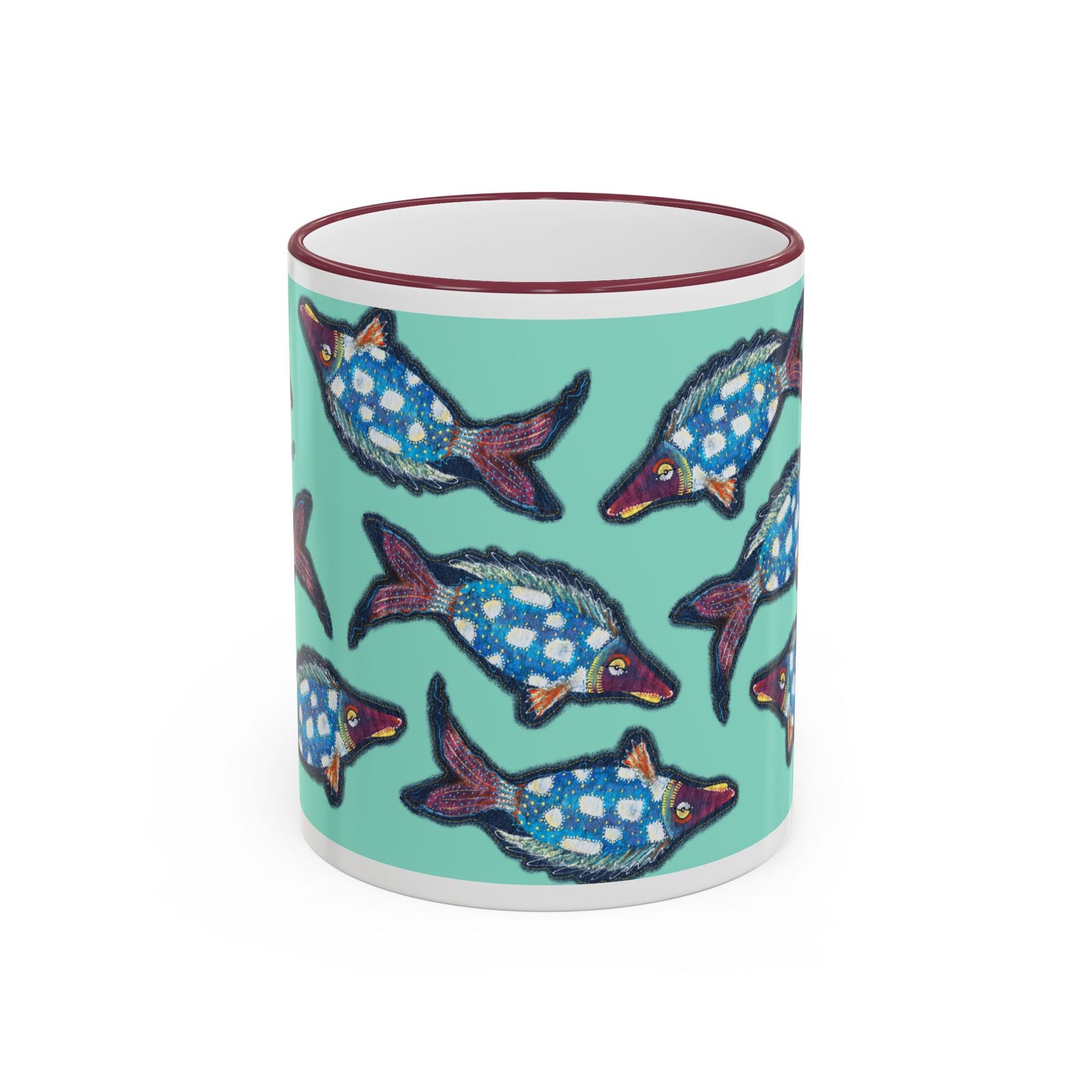 Blue Flying Fish Accent Rim Mug — Nautical Ceramic Coffee Cup (11oz/15oz) by artist Marie Frederique