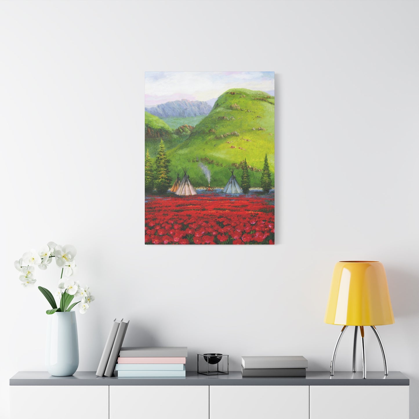Serene Native American Landscape with Red Poppy Fields - Canvas Print by artist Marie Frederique