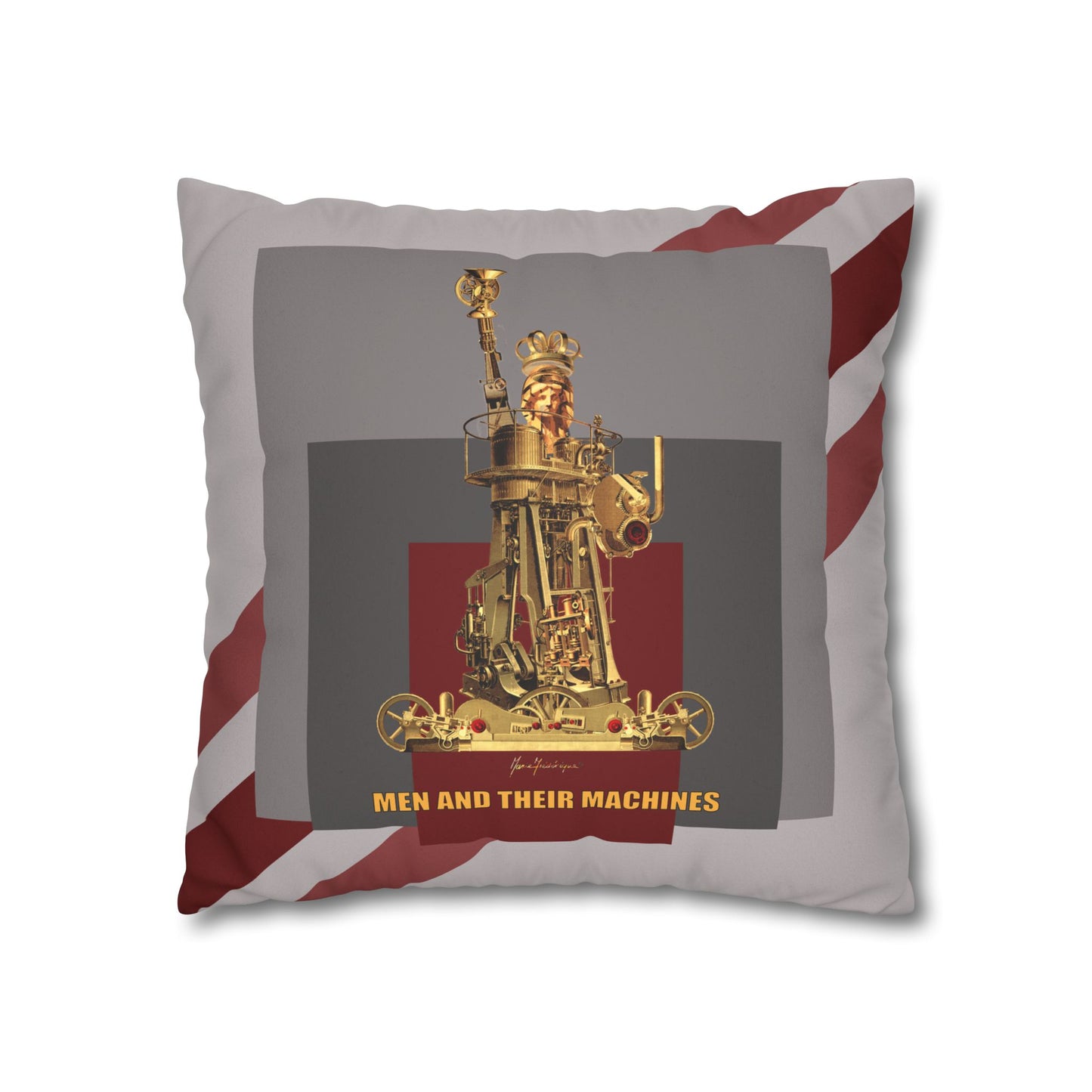 Vintage Steam Engine Liberty Pillowcase — "Men and Their Machines" Faux Suede Throw Pillow by artist Marie Frederique