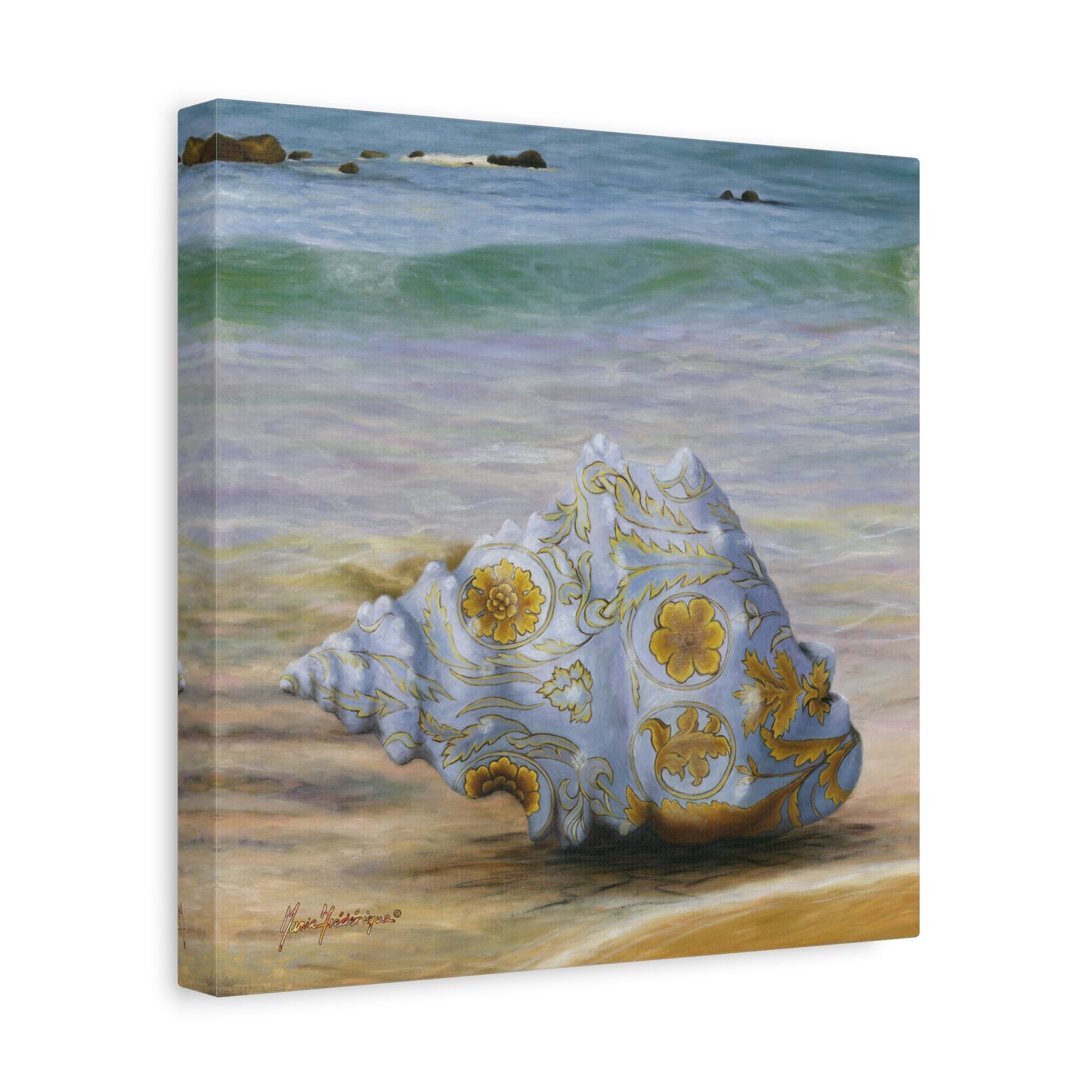 Ocean Tapestry I, Ornate Seashell Beach Canvas – Elegant Coastal Wall Art by artist Marie Frederique