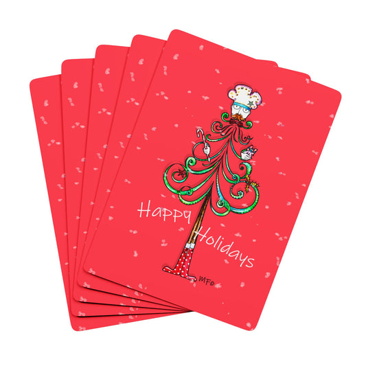 Christmas Happy Holiday-Themed Red Bridge/Poker Playing Cards Set - Festive Design with Ace of Spades by artist Marie Frederique