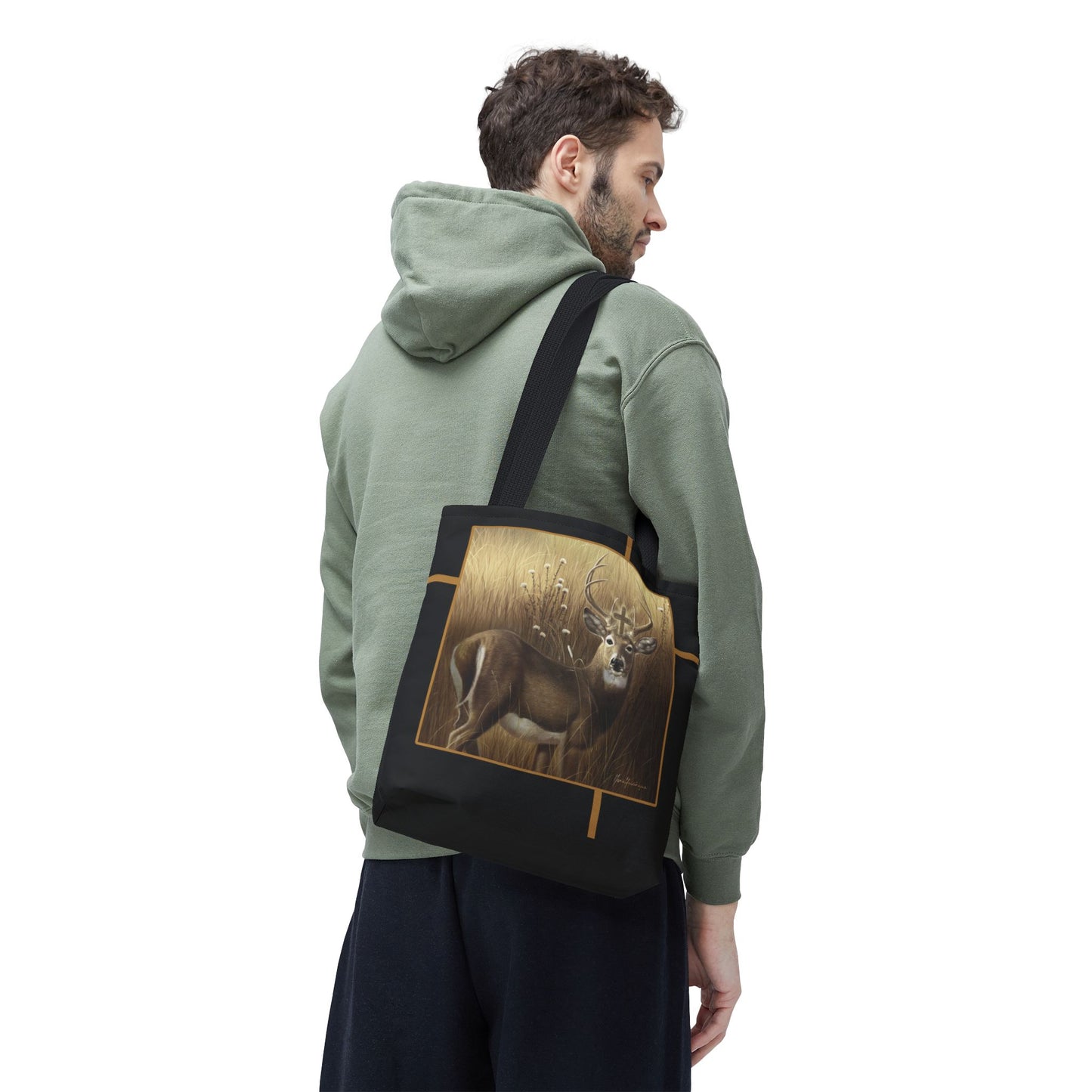 Deer Buck Tote Bag – Golden Meadow Wildlife Art Tote by artist Marie Frederique