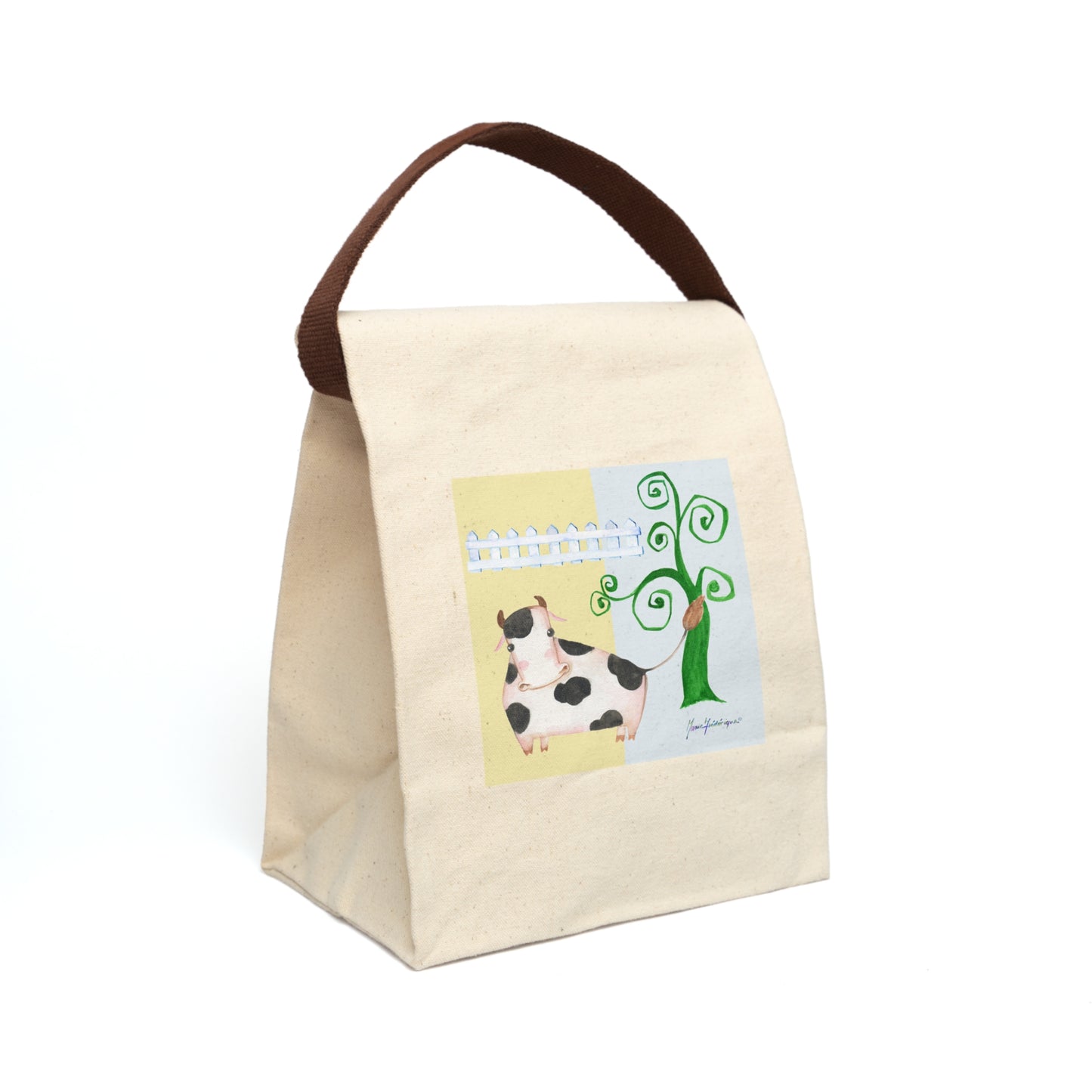 Cow in a field - Canvas Lunch Bag With Strap by Artist Marie Frederique