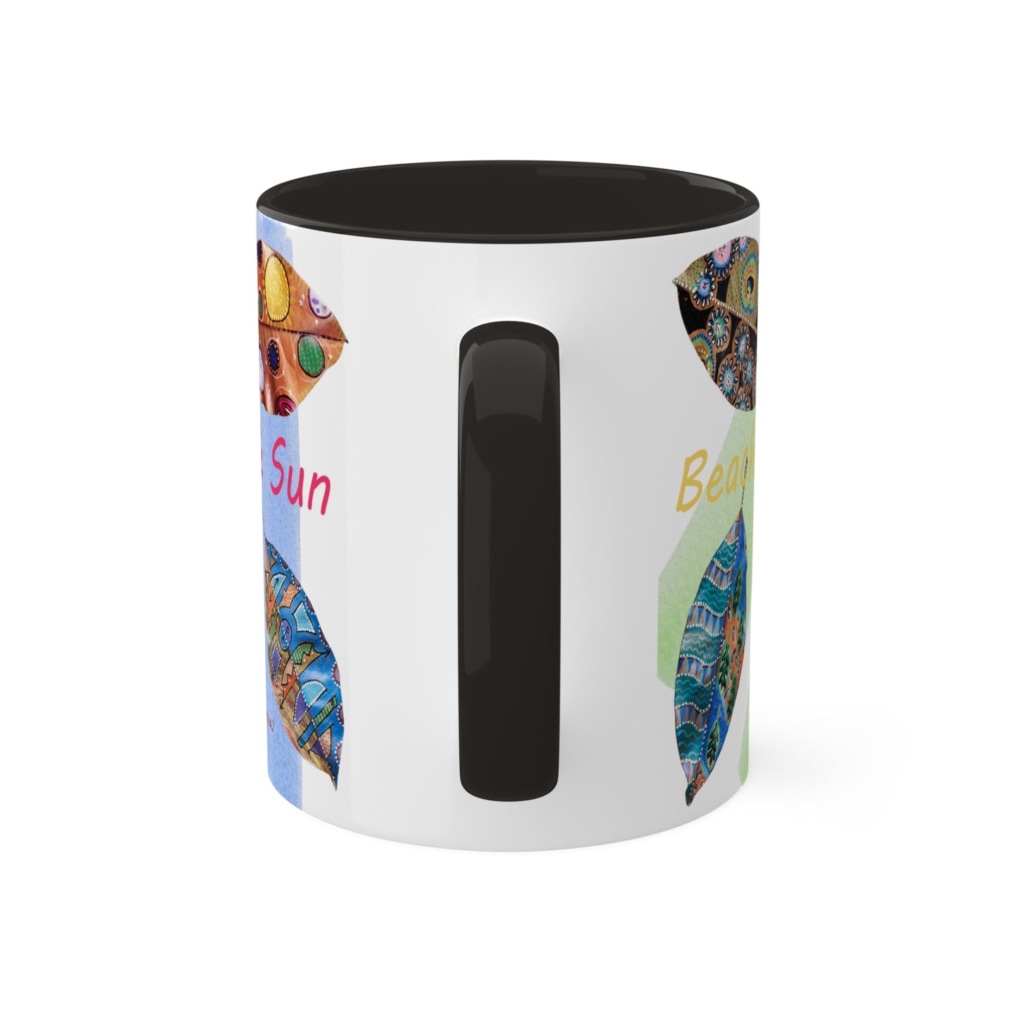 I AM Surf, Sand and Sun multicolored painted leaves series - Colorful Mug in 4 options, Red, Black, Yellow, and Cambridge Blue 11oz By Artist Marie Frederique