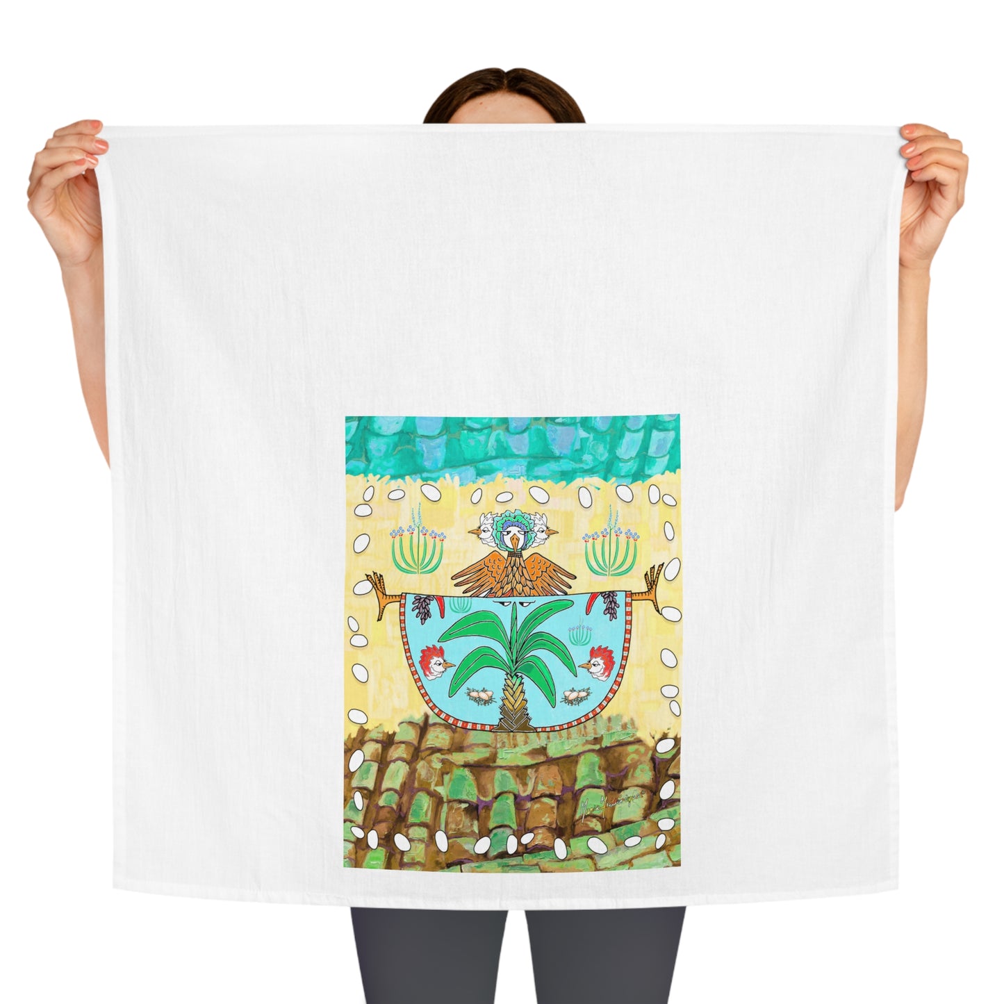 Island Dancing Chicken Tea Towel — Bananas and Chickens Kitchen Towel by artist Marie Frederique