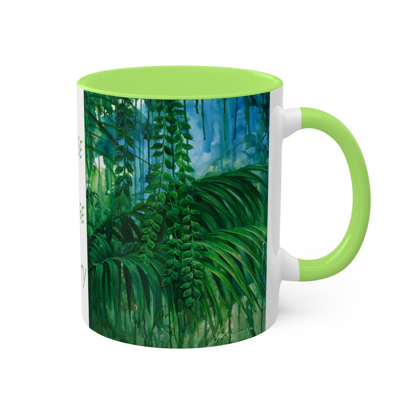 Planet Earth - Jungle Mug "I choose to change my reality" in 5 colors, Red, Black, Yellow, Light Green and Cambridge Blue, 11oz By Artist Marie Frederique