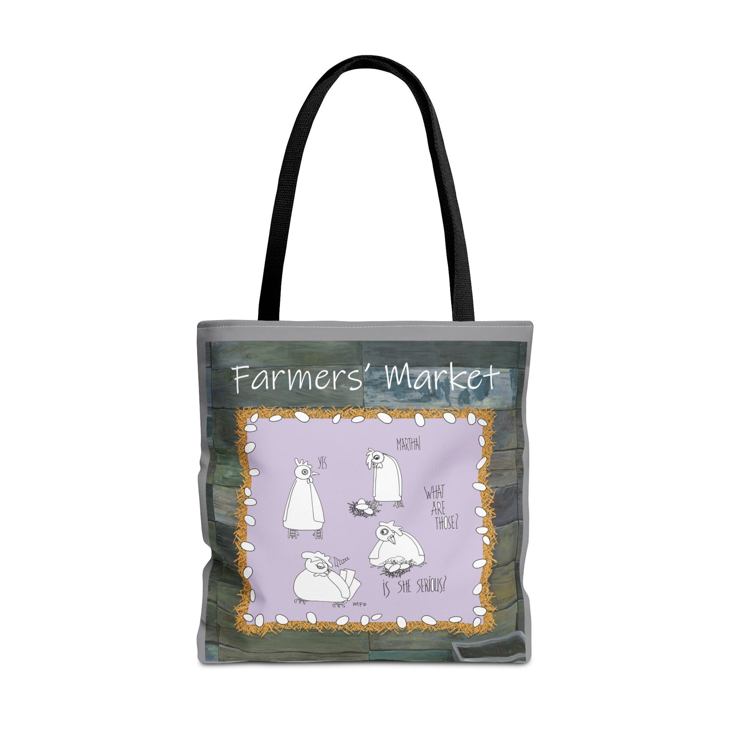 Farmers' Market Funny Chicken Tote Bag - Quirky Design with Chickens & Humor by artist Marie Frederique