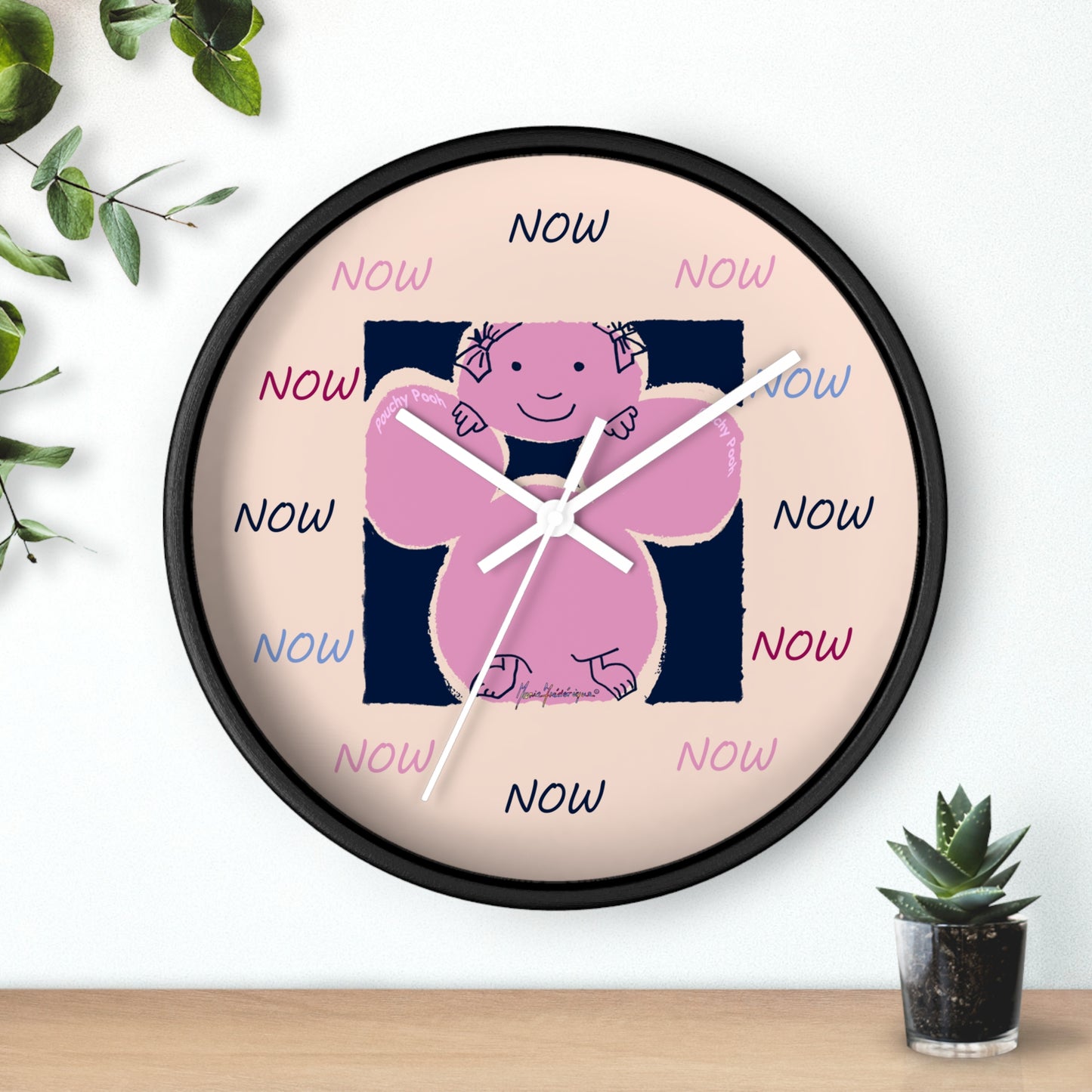 NOW - Wall Clock Pouchy Pooh (Pronounced Puchi Poo) in pink and navy by Artist Maria Frederique