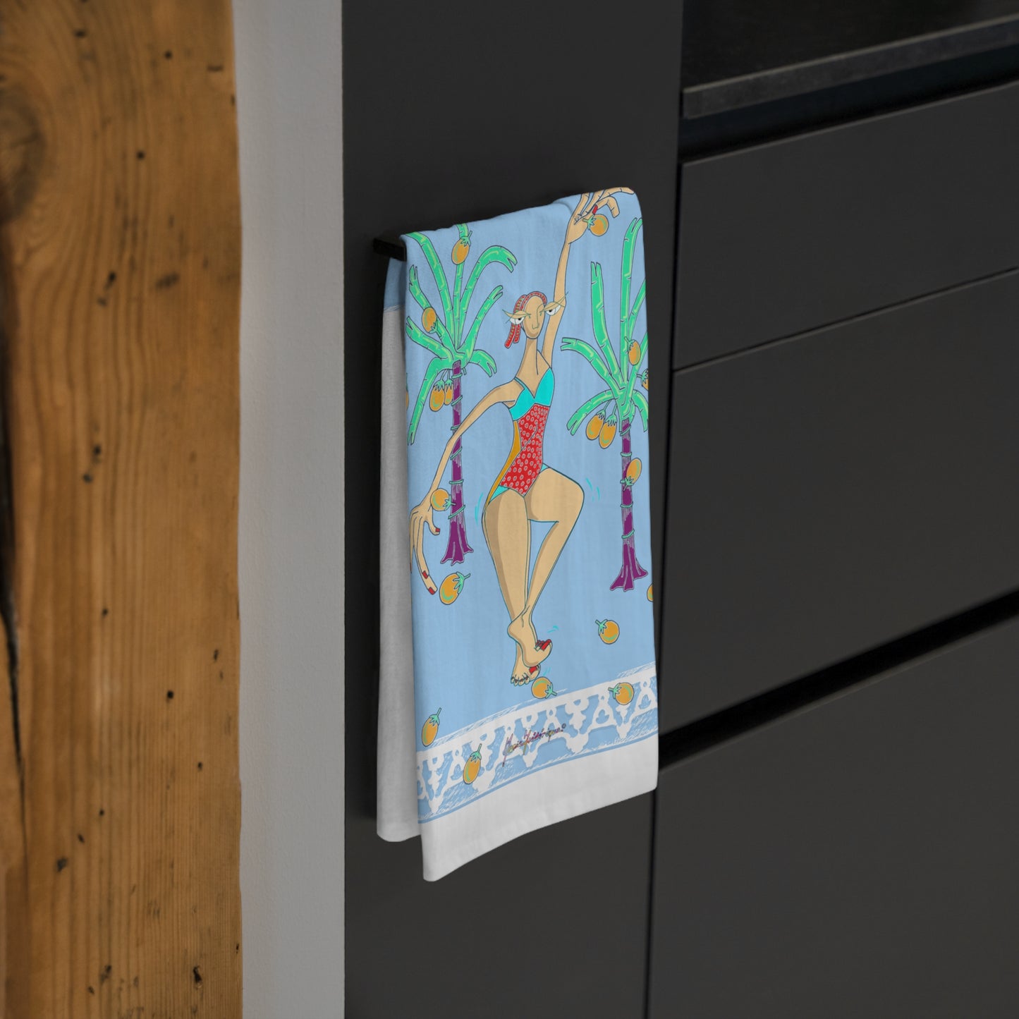 Tropical Garden Tea Towel – Fruit & Palm Print Kitchen Towel by artist Marie Frederique