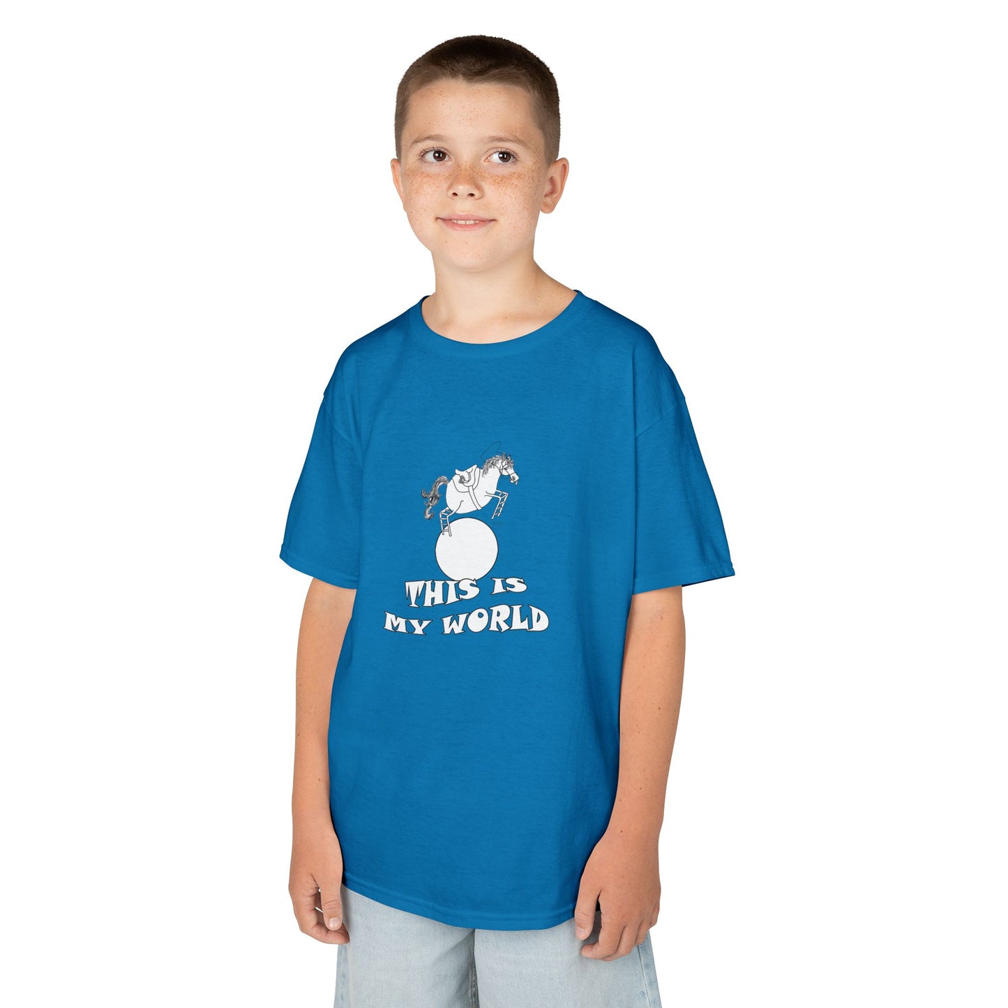 Kids Heavy Cotton™ Tee - 'This Is My World' Playful Horse Graphic T-Shirt for Children by artist Marie Frederique