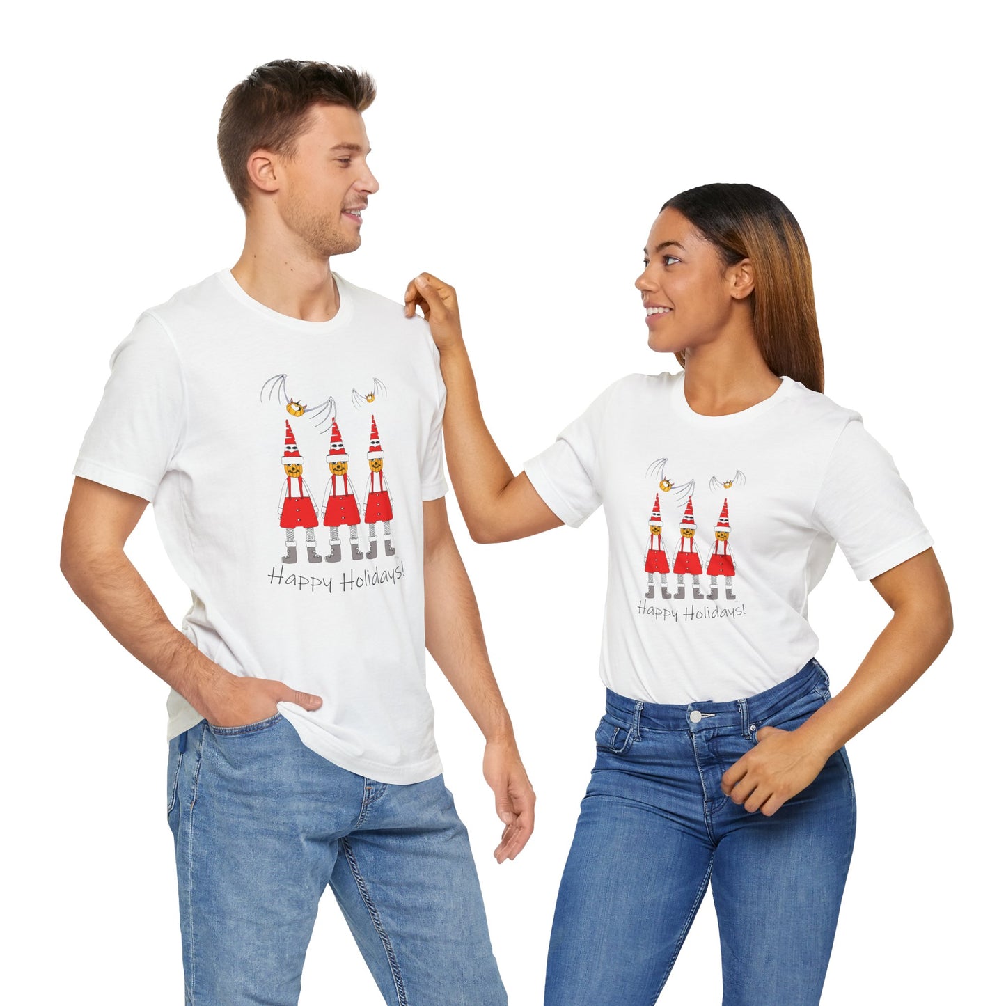 Holiday Pumpkin Santas - Unisex Short Sleeve Tee by artist Marie Frederique